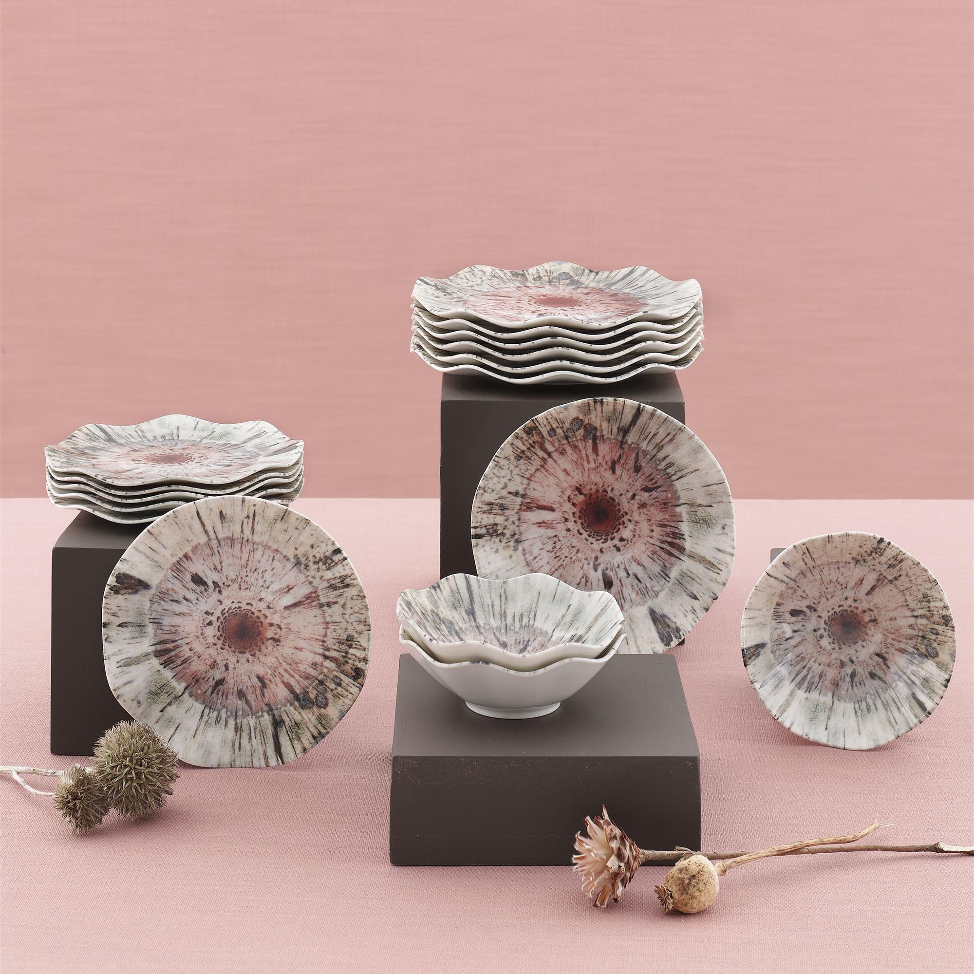 Elegancki 24-częściowy serwis obiadowy, 100% porcelana, w zestawie talerze do serwowania, miski i talerze deserowe, można myć w zmywarce i używać w kuchence mikrofalowej