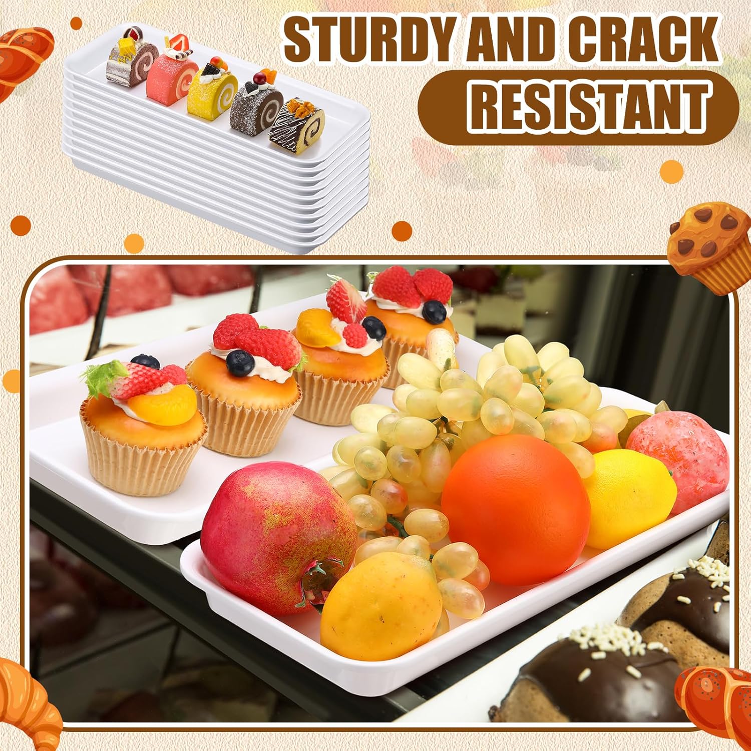 30 Pcs White Serving Platters 14 x 6 Inch Rectangle Serving Trays Reusable Food Tray Dishes Dessert Trays Plastic Plates for Wedding Home Table Thanksgiving Christmas Party - Image 5