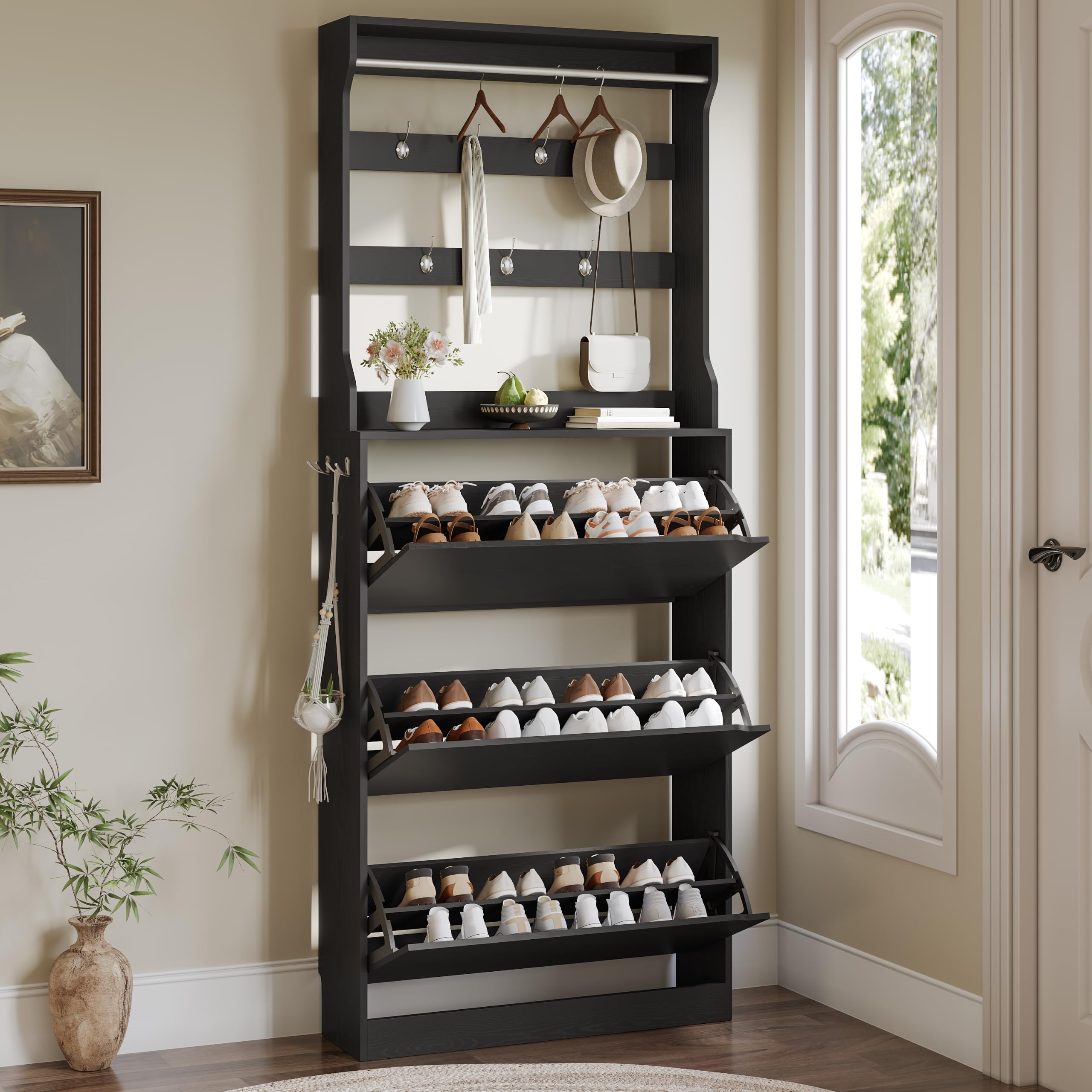 Shoe Cabinet for Entryway with 3 Flip Drawers, Black Tall Shoe Storage Cabinet with Coat Rack, Wood Narrow Slim Hidden Freestanding Shoe Rack Organizer, 2 in 1 Hall Tree for Living Room, Hallway