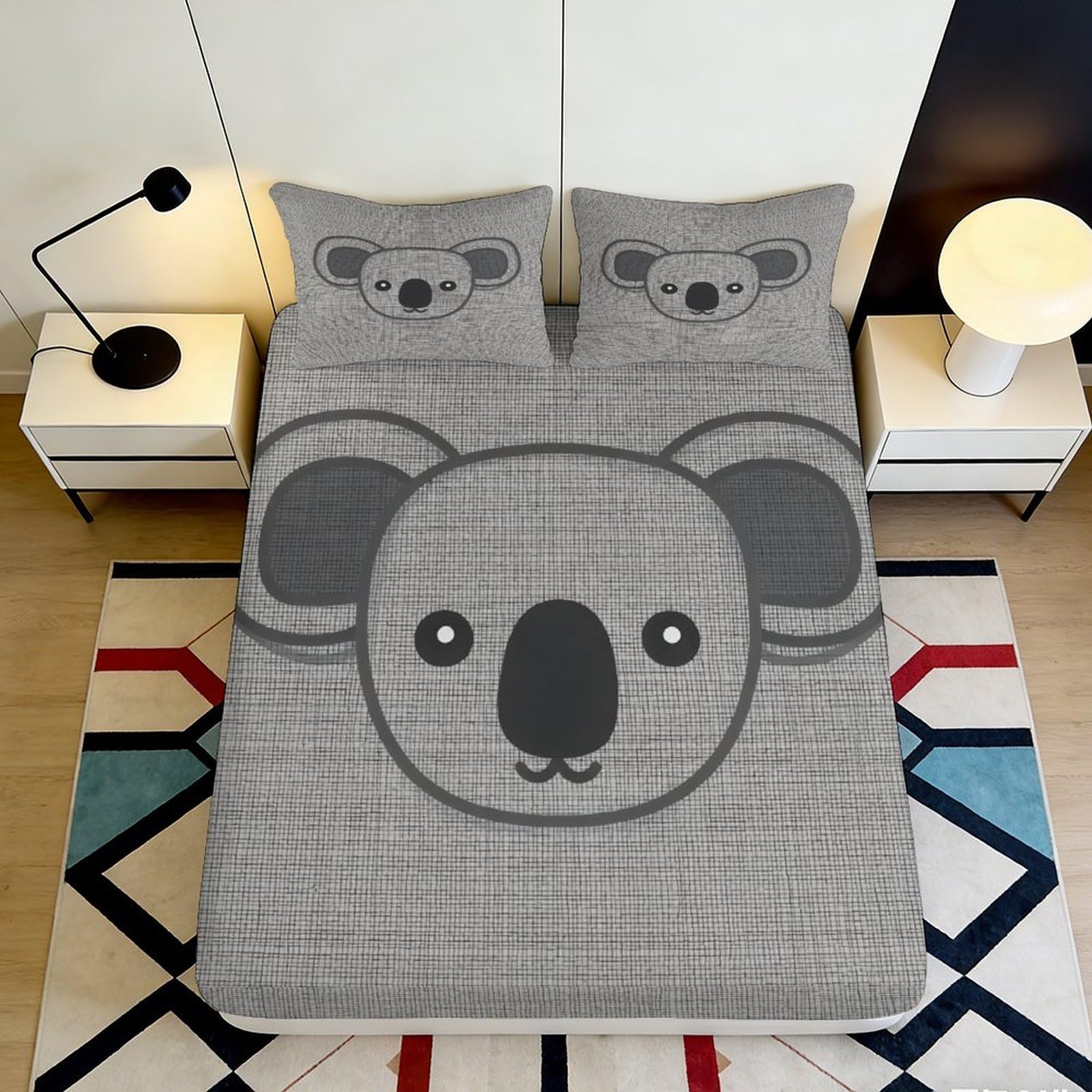 3D Printed Koala Fitted Sheet Microfiber Soft Breathable Grey Bed Cover for Bedroom Dormitory Guest Room Mattress Protection Decor 140x200x25cm