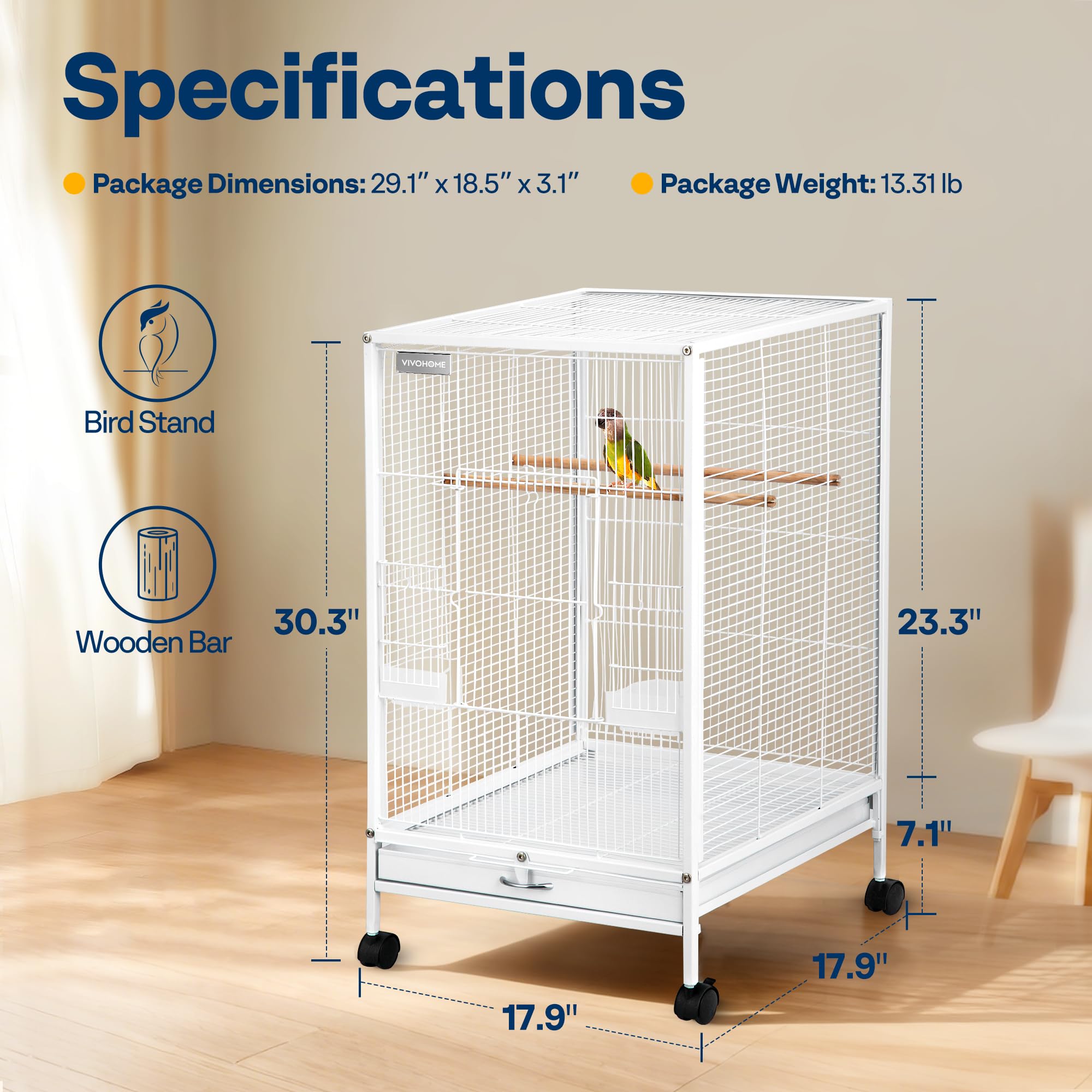 VIVOHOME Jaula para pájaros de hierro forjado de 30 pulgadas de altura con soporte rodante para loros Conure Lovebird cacatúa blanca