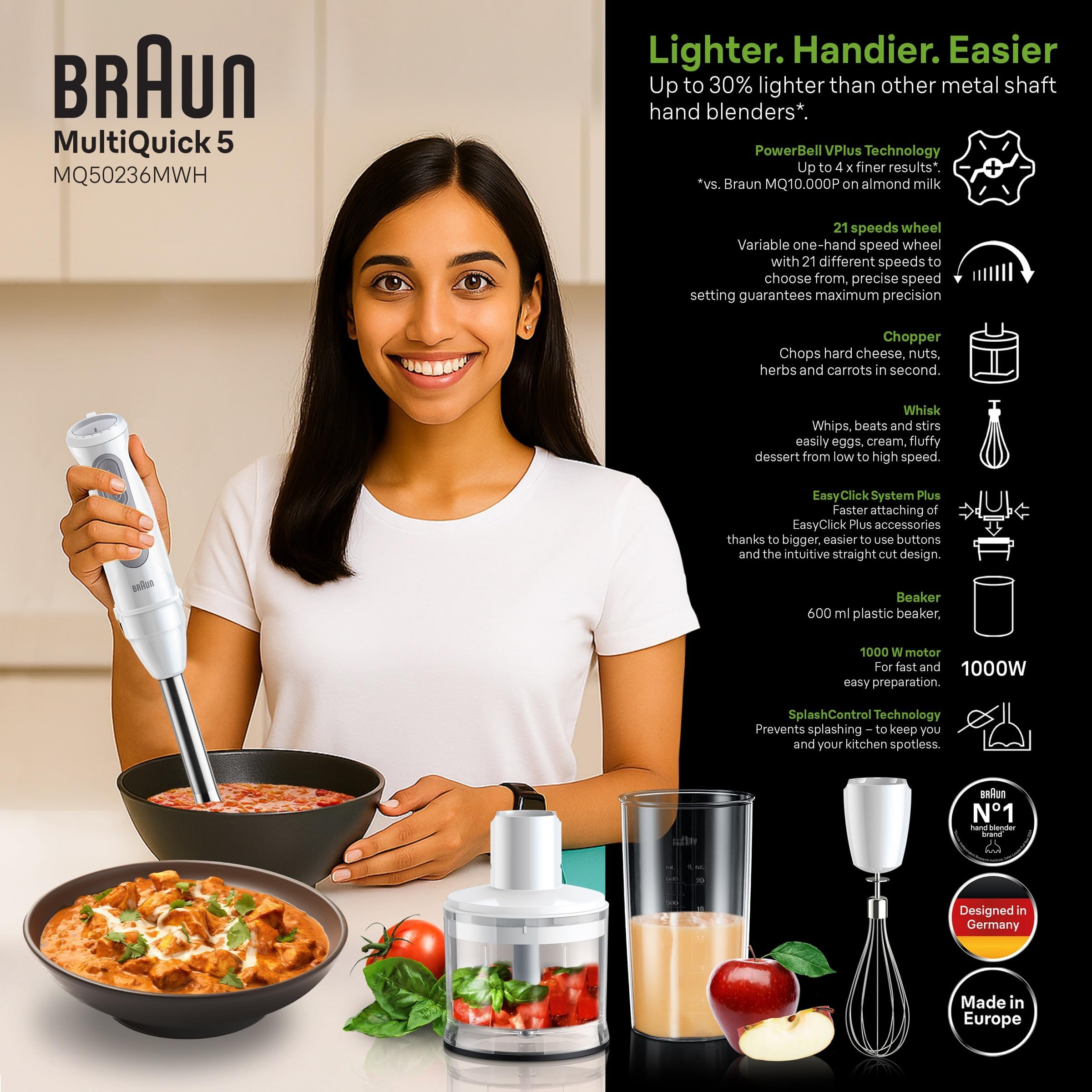 Braun MultiQuick 5 MQ50.236M, Minipimer con Tecnologia PowerBell Plus, 21 Velocità+Turbo, Sistema EasyClick per Accessori, Tritatutto 500ml, Frusta in Acciaio Inox e Bicchiere 600ml, 1000W, Bianco