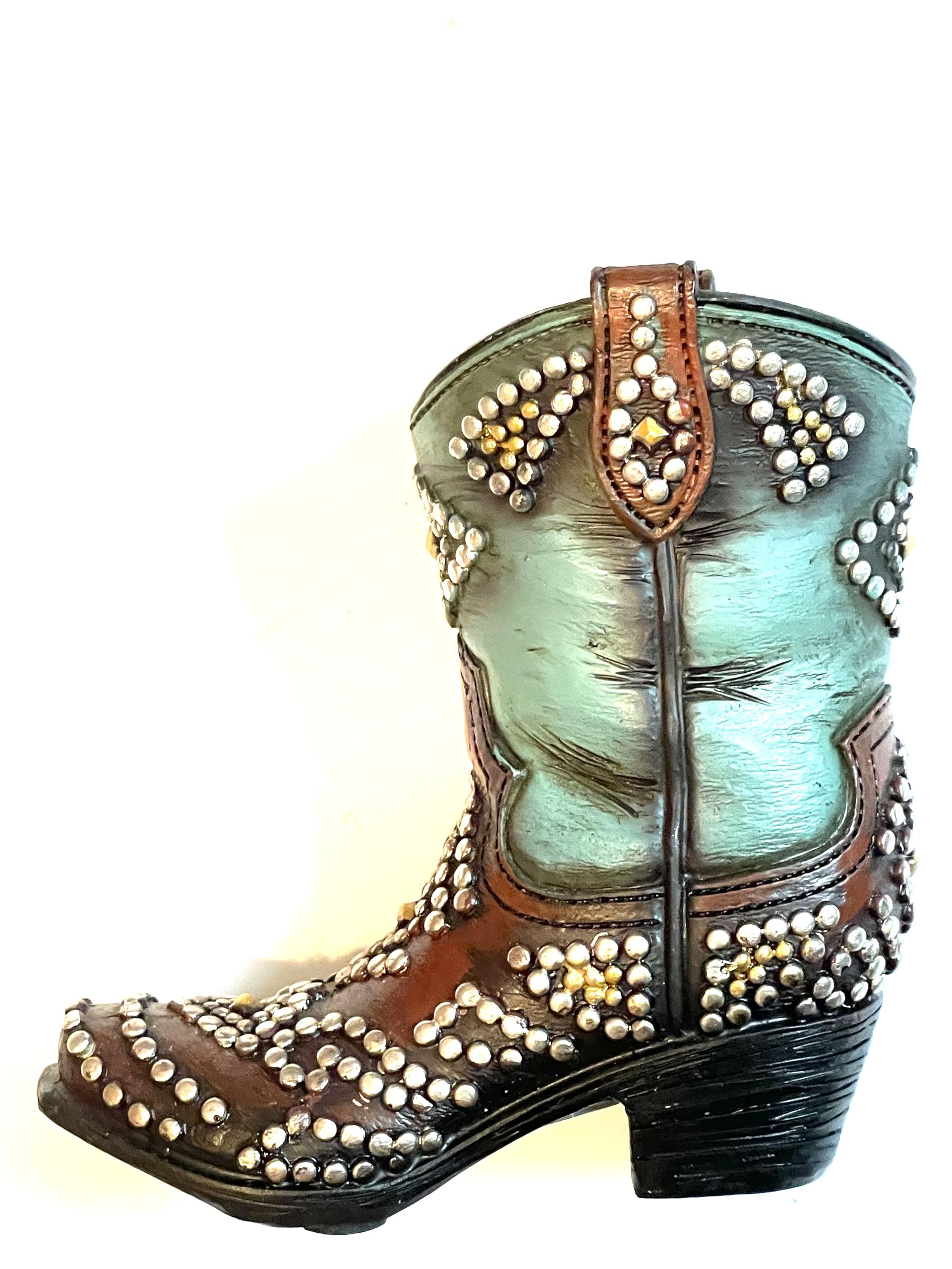 GenericSUREG Texas and Western Cowboy Cowgirl Mini Boot Pen/Toothpick Holder Home Office Table Top Decoration 1 Item (Brown and Turquoise Color with Silver Studs Design)