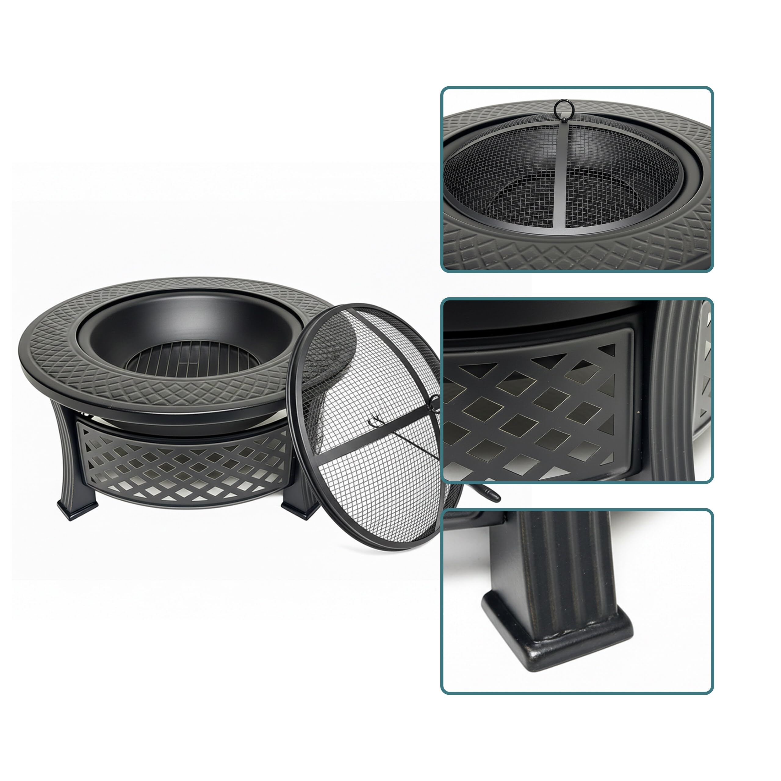 Braciere Relaxdays, Ø 55 cm, con parascintille, attizzatoio, acciaio, per giardino e terrazza, nero
