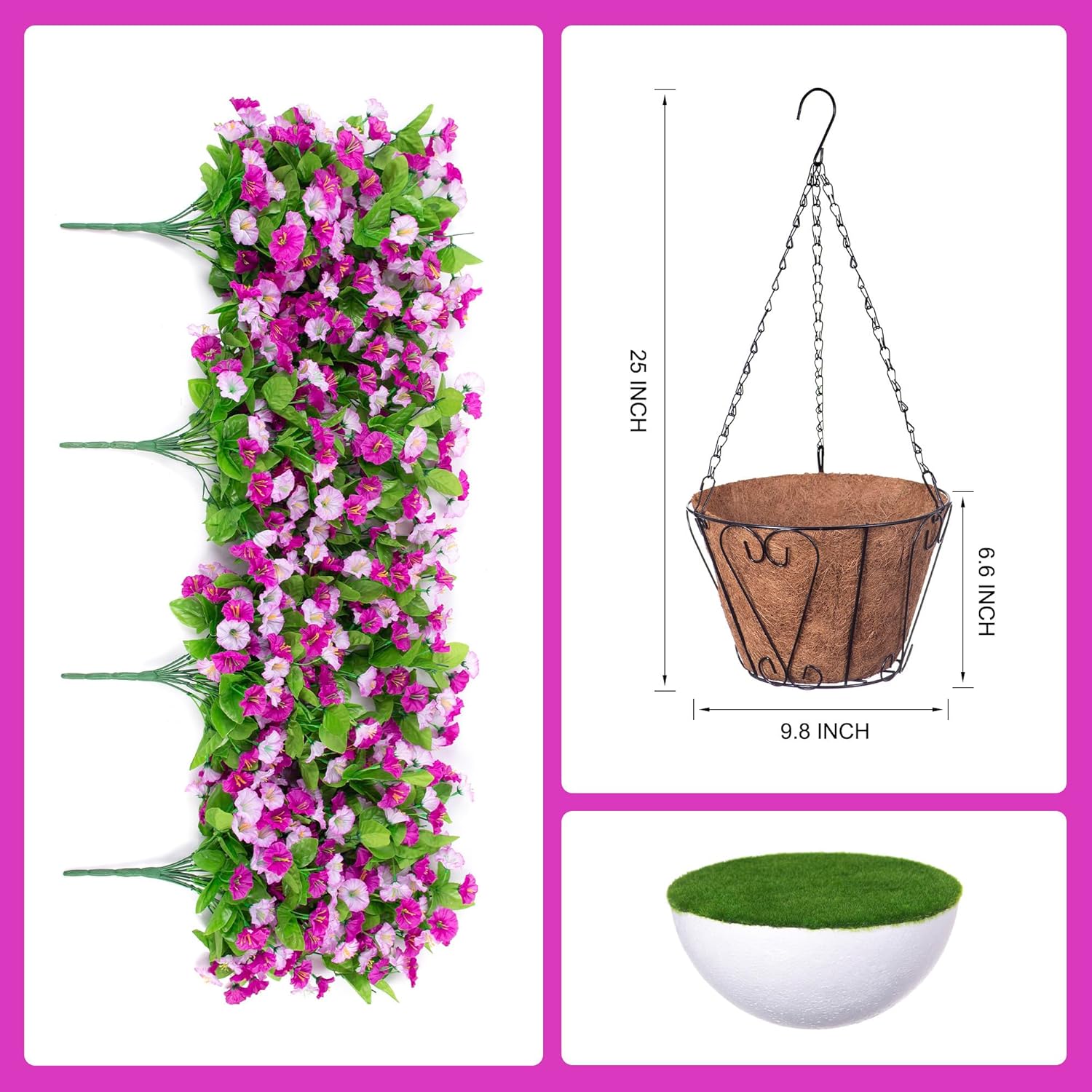 Artificial Flowers with Hanging Basket, Outdoor Faux Plants Silk Morning Glory Vines, Fake Green Arrangement for Garden Patio Spring Summer Decor(Darkorchid) - Image 2