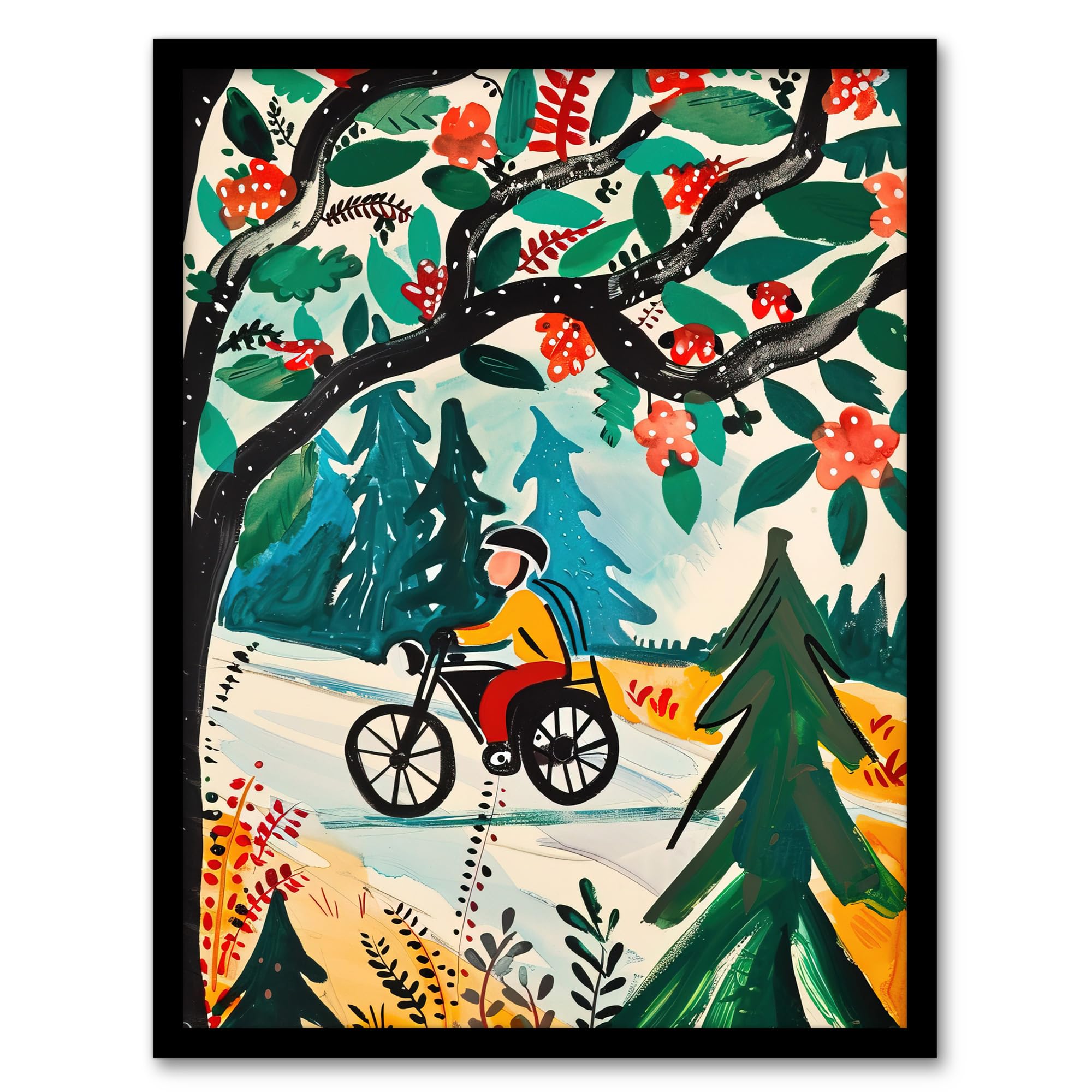Artery8 Man On Bike Mountains Simple Painting Colourful Wall Art PrintA4 Size