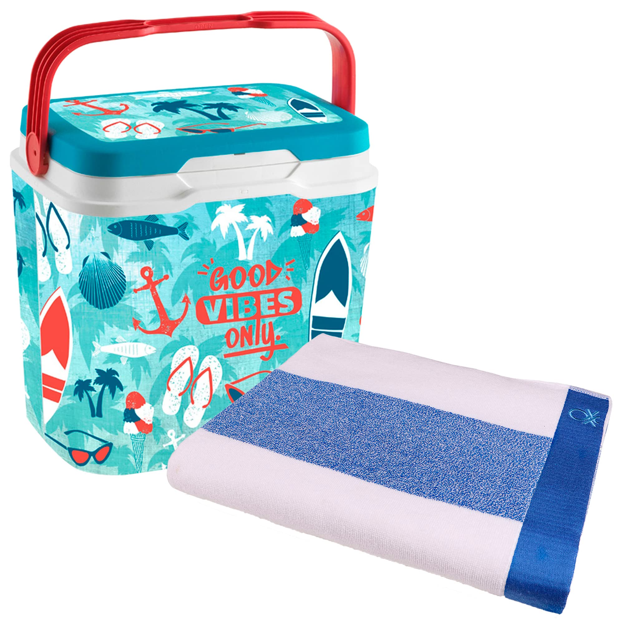 Nevera life story 29 Litros good vibes + Toalla de playa 90x160cm 450gsm terry 100%algodon azul