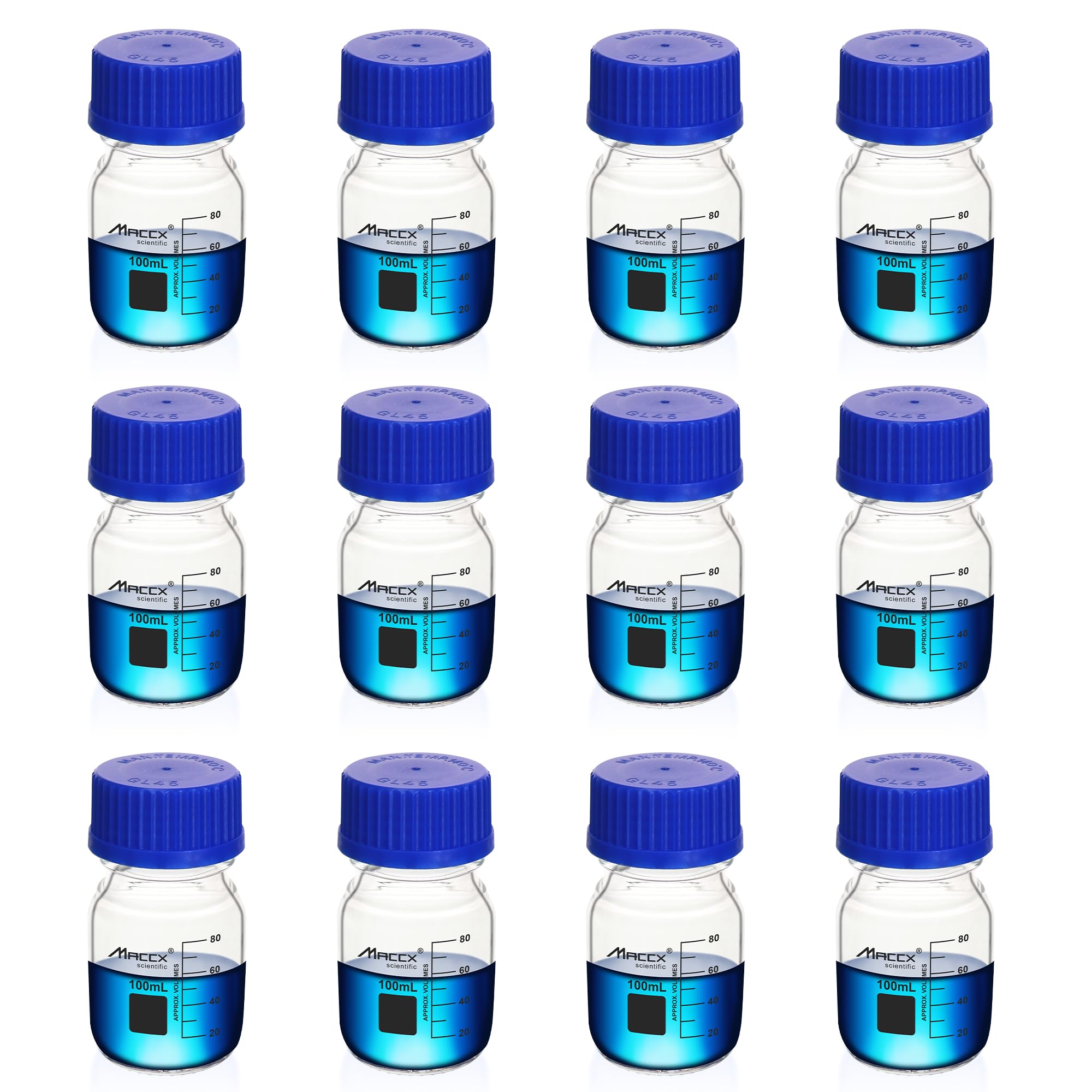 GL45RB100-012 - Botellas redondas de vidrio de borosilicato resistente con tapa de rosca GL45, paquete de 12 unidades