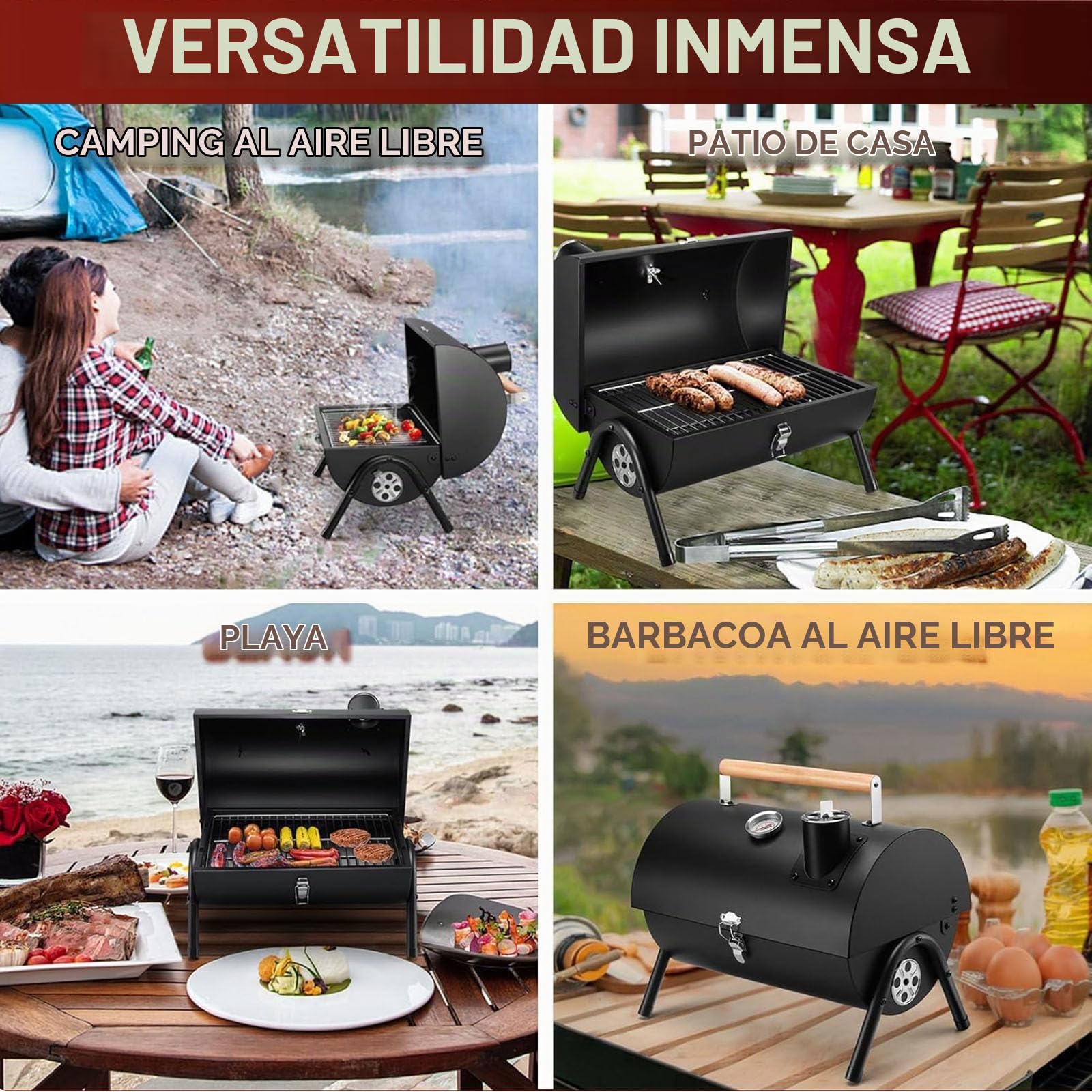 Barbacoa de carbón vegetal portátil para camping, barbacoa de carbón con tapa, pequeña barbacoa de mesa con termómetro, suministro de aire ajustable y cantidad de aire de escape, para cocinar al aire