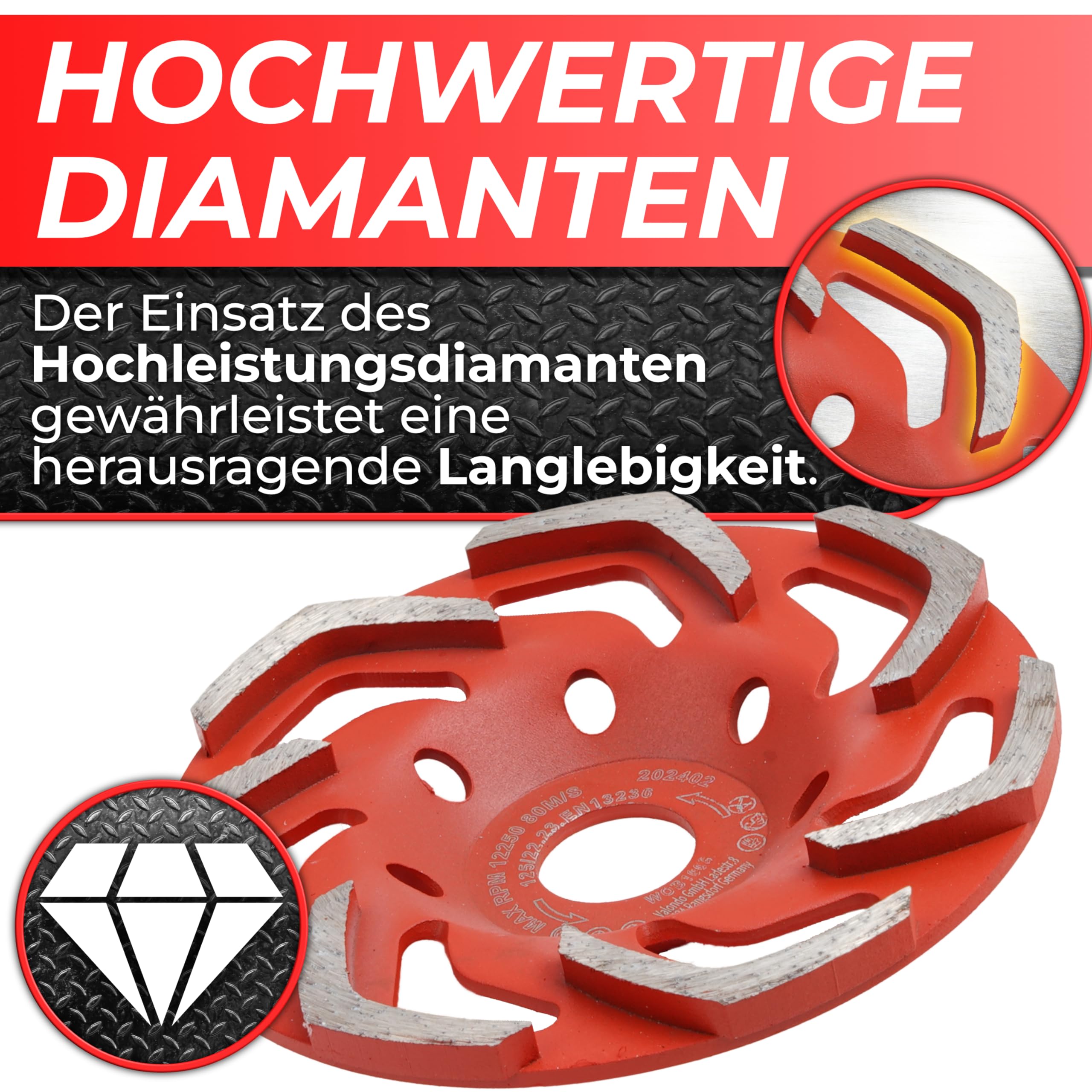 Woltersberger® Diamentowa tarcza szlifierska 125 mm x 22,23 mm, diamentowa szlifierka do szlifowania betonu i twardych materiałów budowlanych, granit, kamień naturalny, jastrych, tynk, marmur