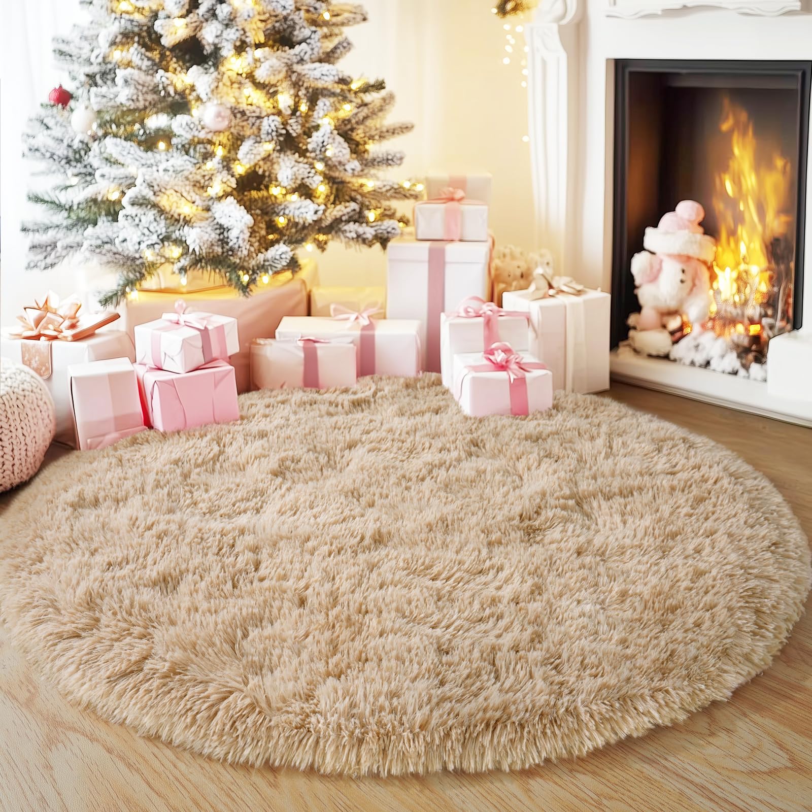 Quntue 3'x3' Beige Round Rug for Bedroom, Ultra Soft Fluffy Circle Rug for Kids Girls Boys Room, Cute Small Shag Rugs for Living Room Playroom Tent