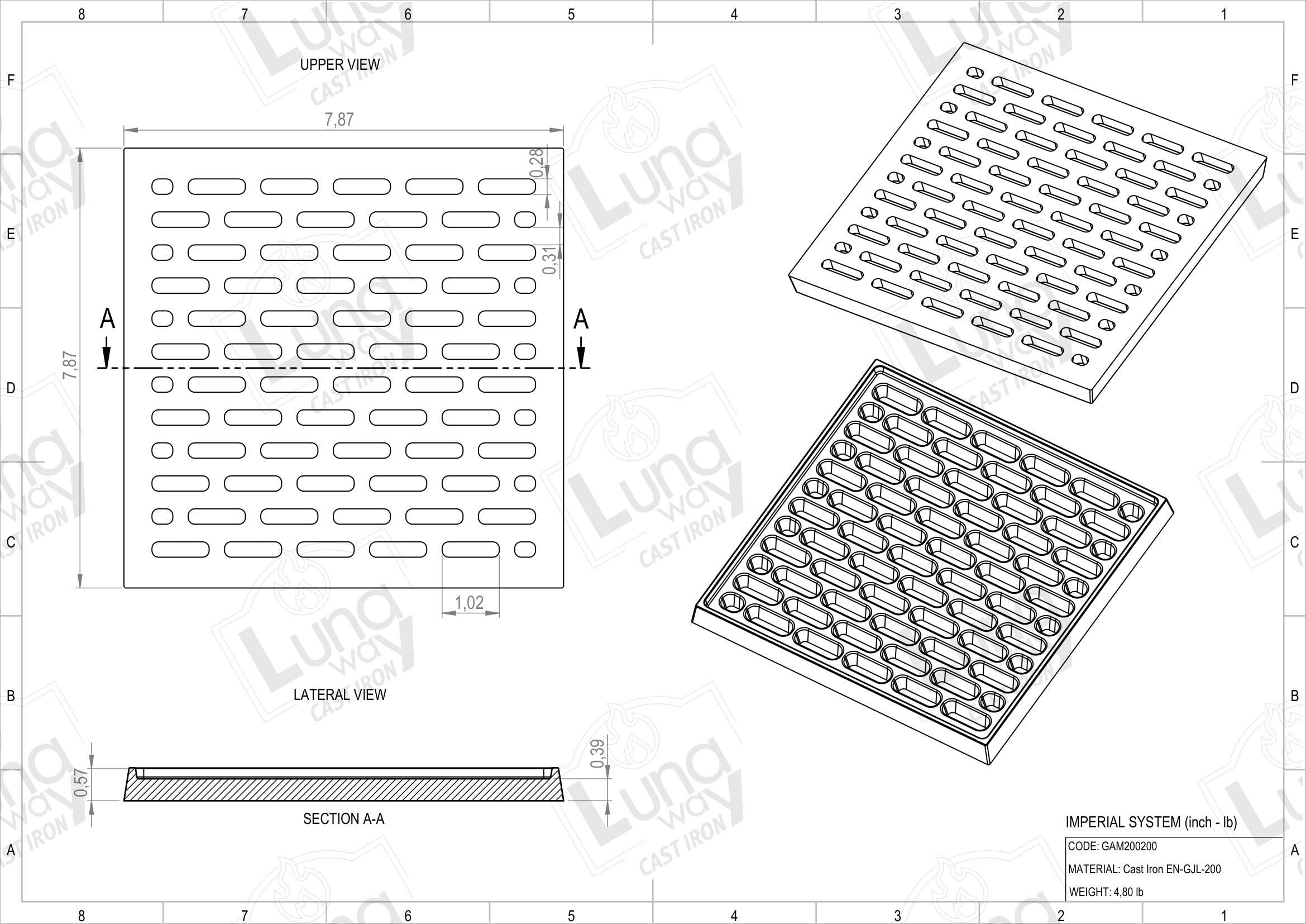 Lunaway Lüftungsgitter aus Gusseisen für Kamin und Ofen | Umfangsdicke 1,5 cm | Mitteldicke 1 cm (20 x 20 cm)