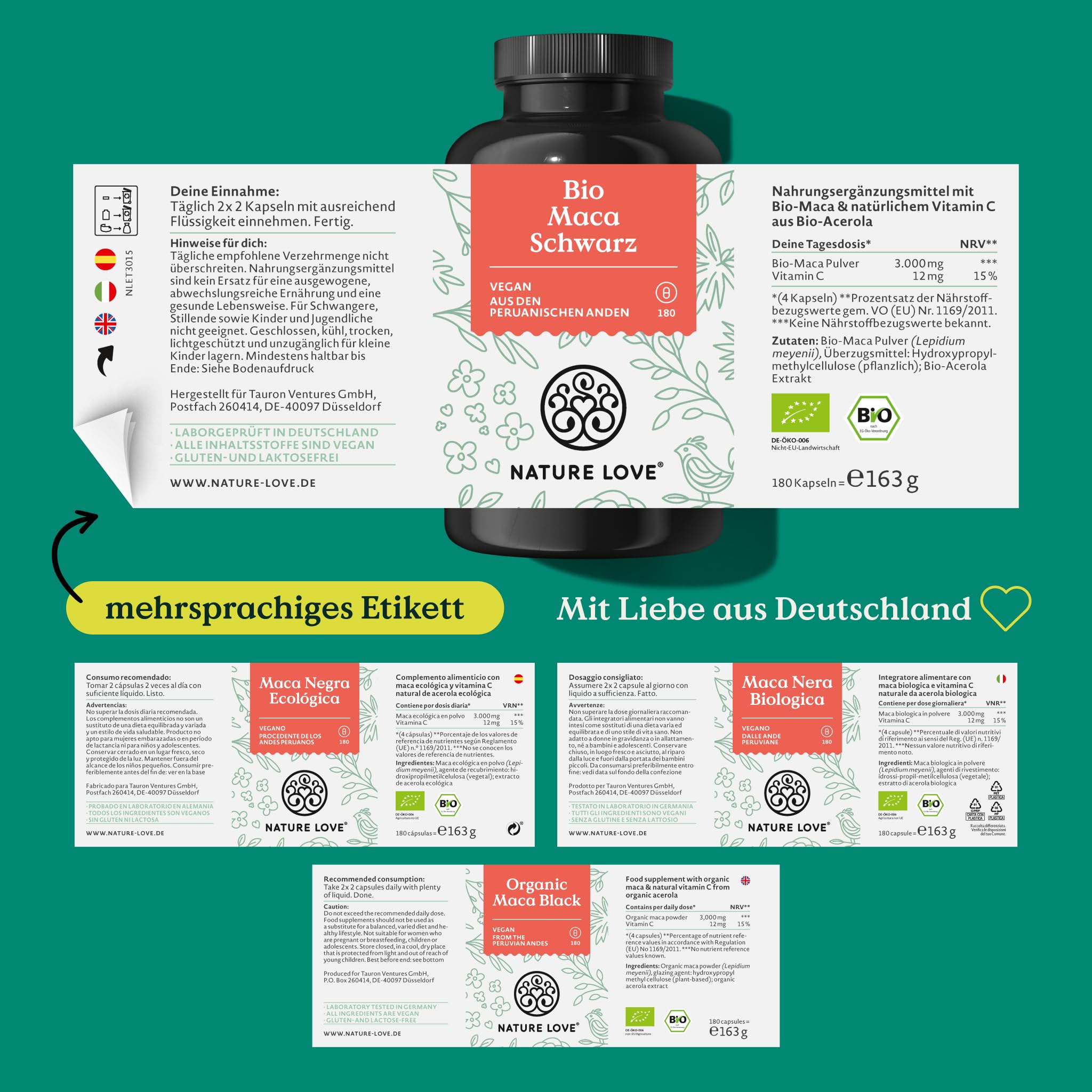 NATURE LOVE® Bio Maca Kapseln (schwarz) - 3000 mg je Tagesdosis - 180 Kapseln - Mit natürlichem Vitamin C - Ohne Magnesiumstearat, Zertifiziert Bio, hochdosiert, vegan, in Deutschland produziert