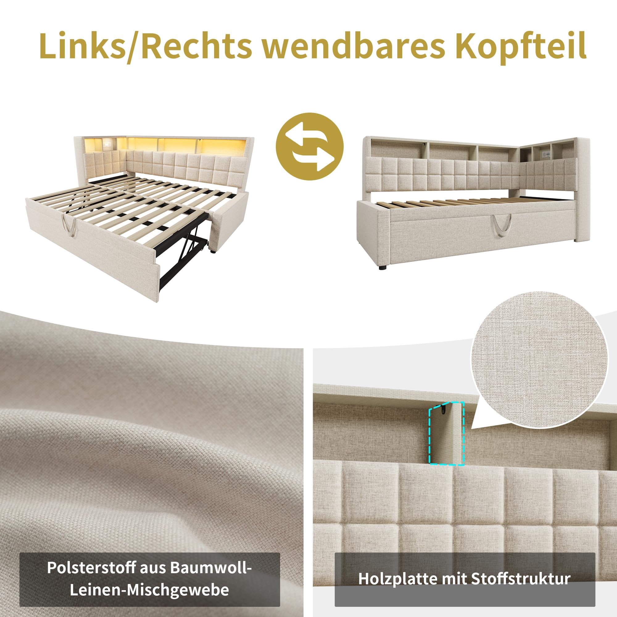 Cama tapizada de 90 x 200 cm, cama de día con cama nido, sofá cama con LED y puerto de carga USB y tipo C, altavoz Bluetooth, cabecero en L con estante de almacenamiento, lino, sin colchón