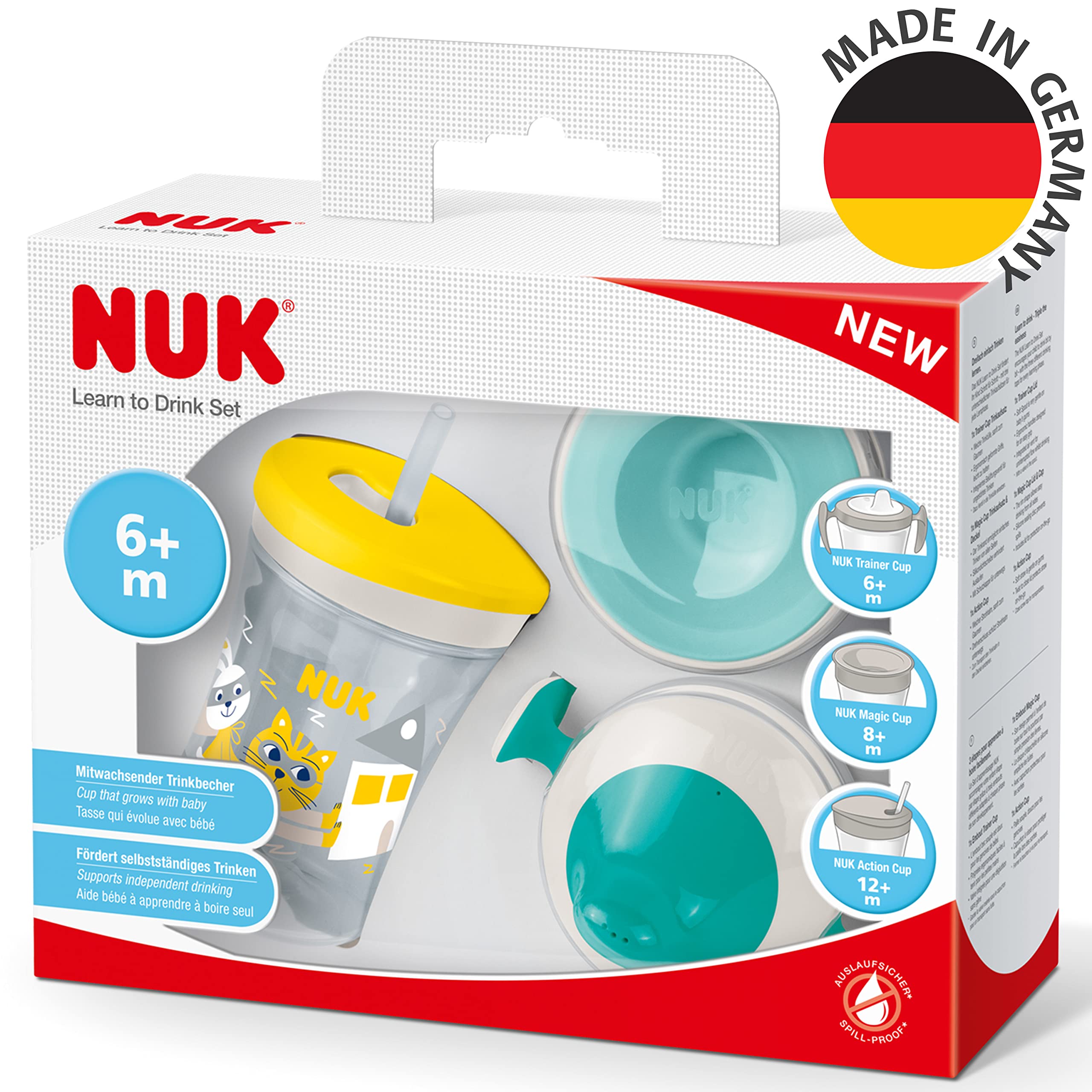 NUK Tasse Évolutive Bébé | Tasse d’Apprentissage Antifuite avec Couvercle en Plastique 3 en 1 | 230 ml, Jaune