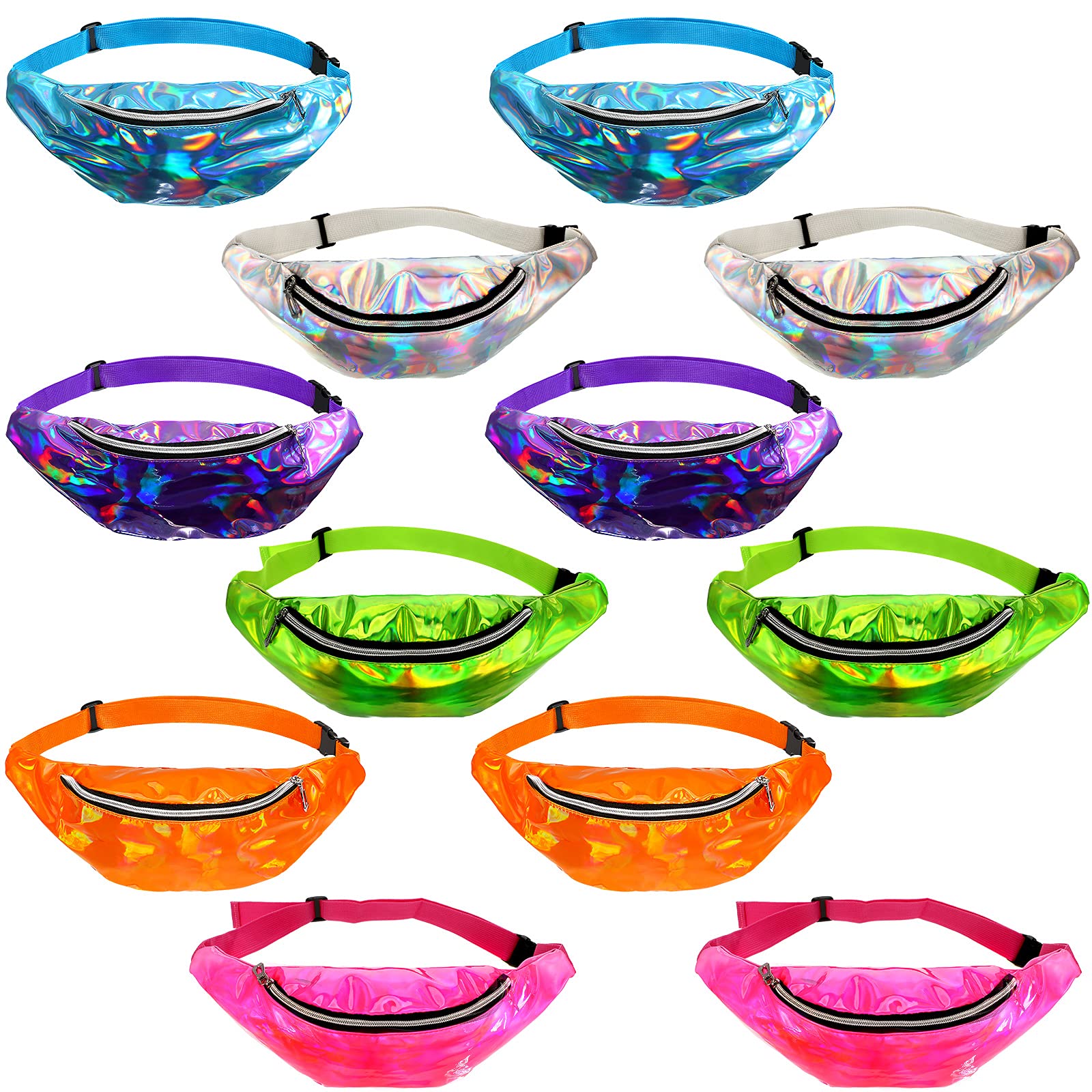 12 Pieces Holographic Fanny Packs Shiny Neon Waist Bags Waterproof 80s Running Fanny Pack Outdoor Sport Waist Pack with Adjustable Belt for Women Men