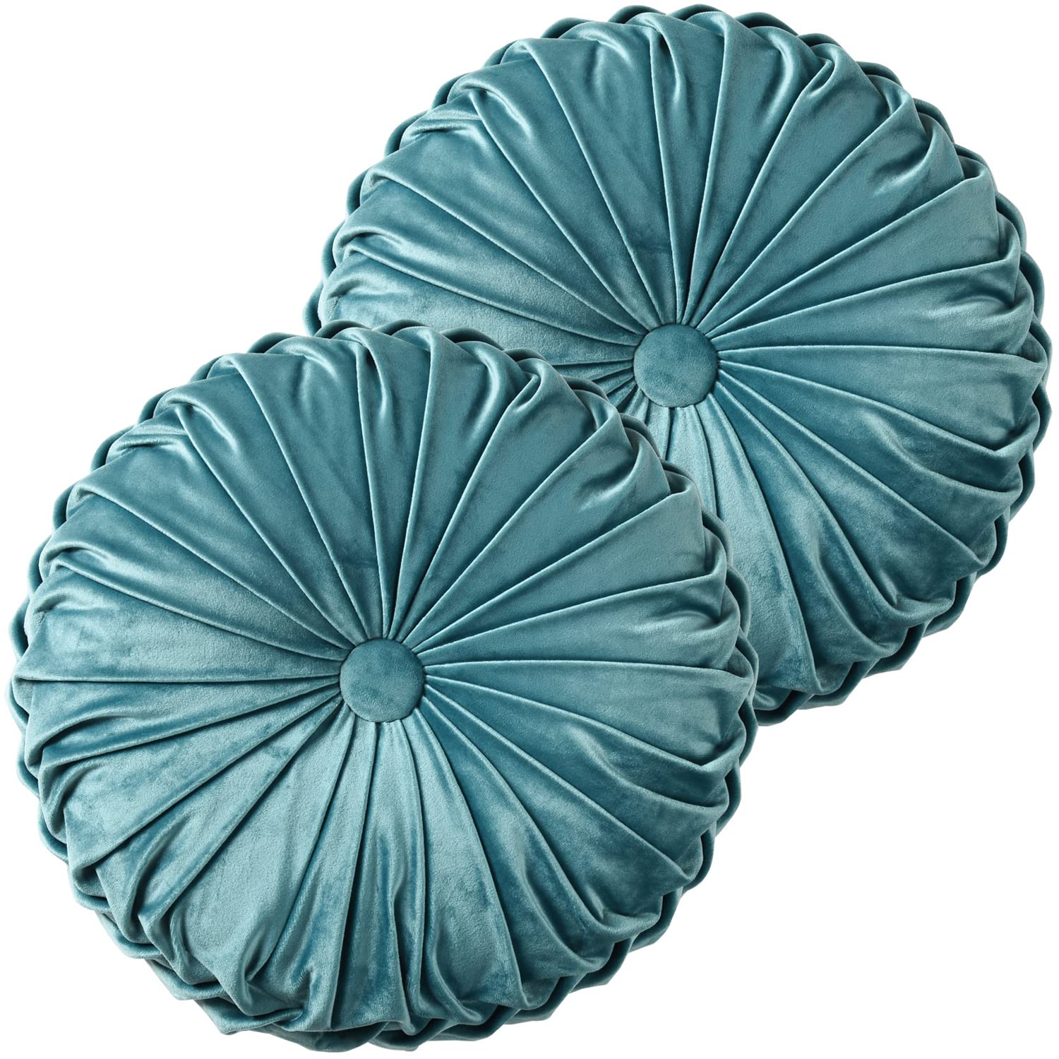HIGSet of 2 Decorative Round Pleated Throw Pillows, Classy Accent Pumpkin Throw Pillows with Center Button, Vintage Velvet Floor Pillows for Sofa Couch Vanity Chair Bed, Teal, 14.5" Diameter(Ripple)