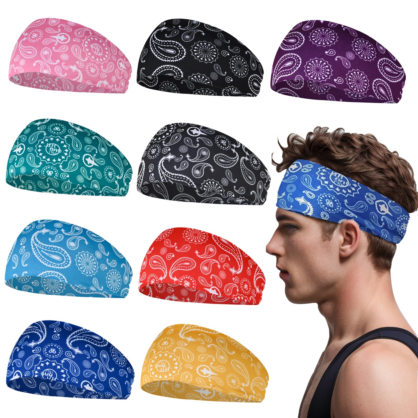 Sports Headband for Men 9 Pack Sweat Headbands for Men Running Workout Headbands Wide Sweatband Mens Stretchy Headband for Running Cycling Football Basketball Yoga