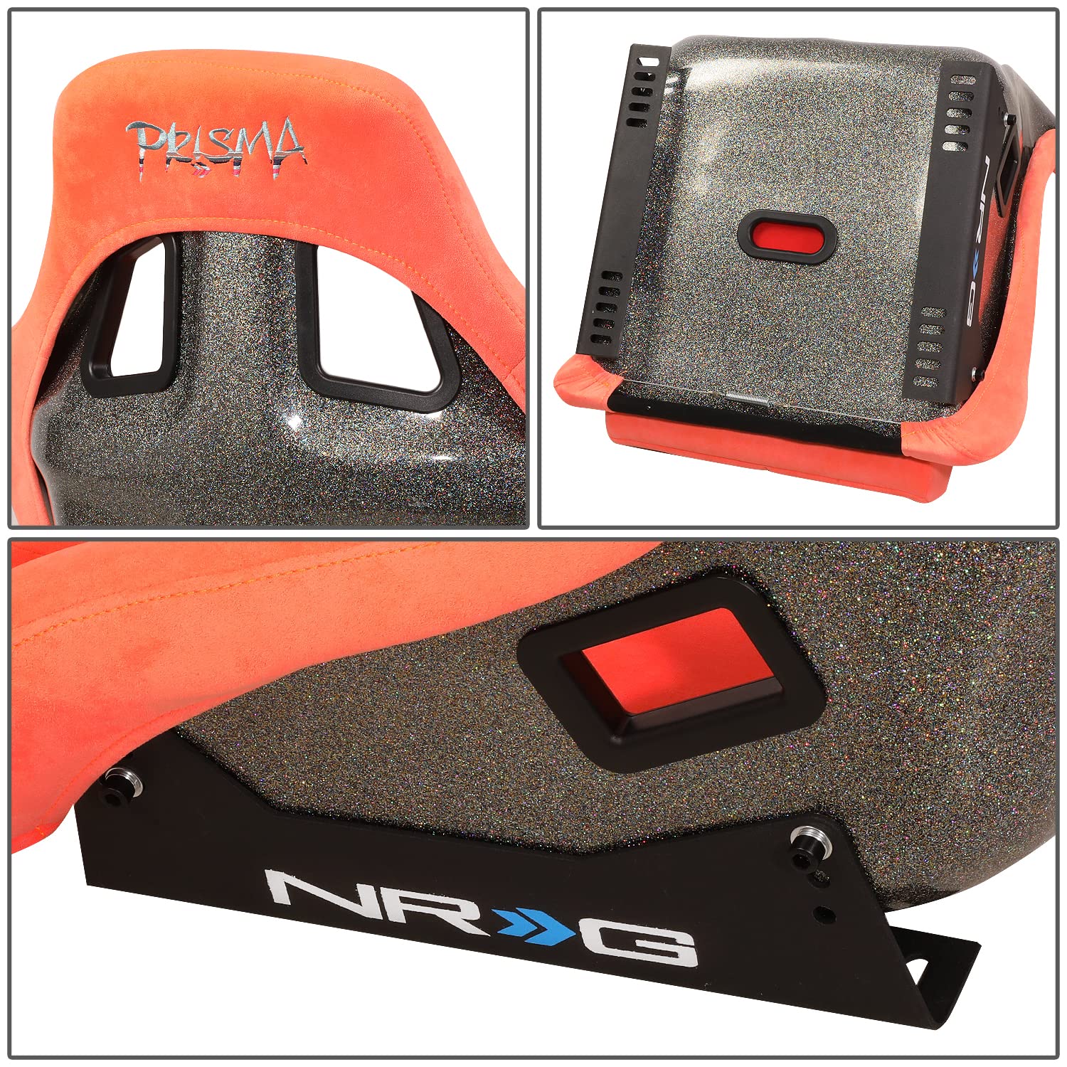 NRG Innovations NRG-FRP-302PH-ULTRA Prisma Asiento de carreras con respaldo fijo con soporte de montaje inferior, asiento de color melocotón/respaldo de copos dorados