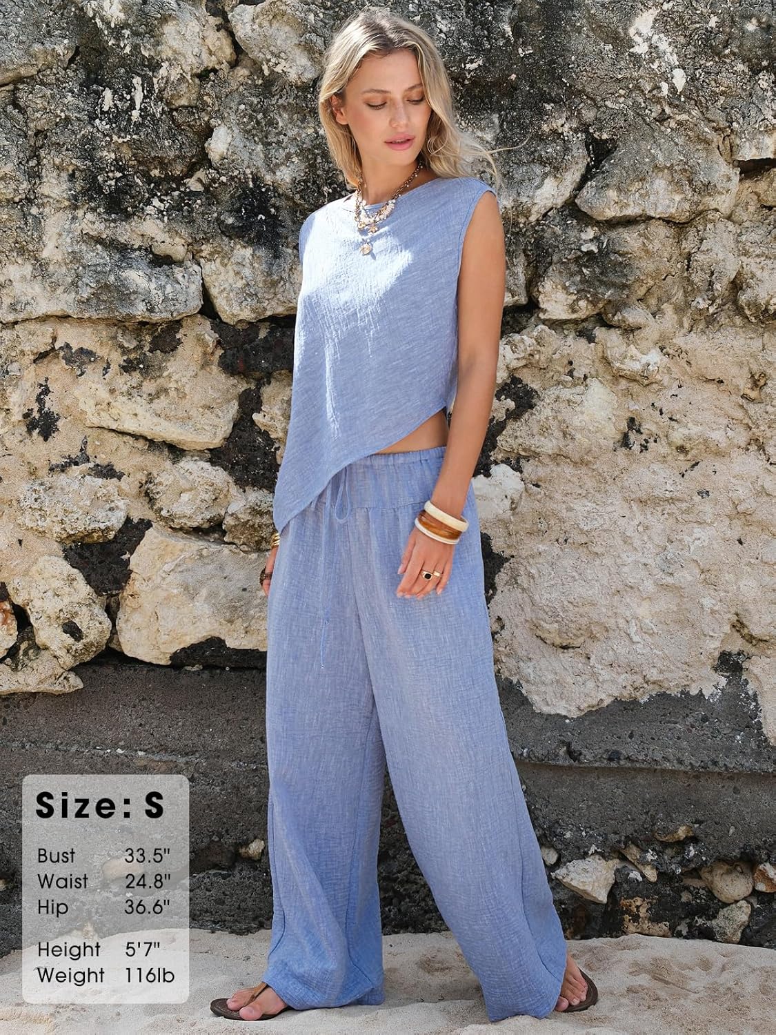 EXLURA Womens Summer Two Piece Sets Cotton Asymmetrical Tank Tops Wide Leg Pants Set Faux Linen Beach Vacation Cruise Outfits - Image 3