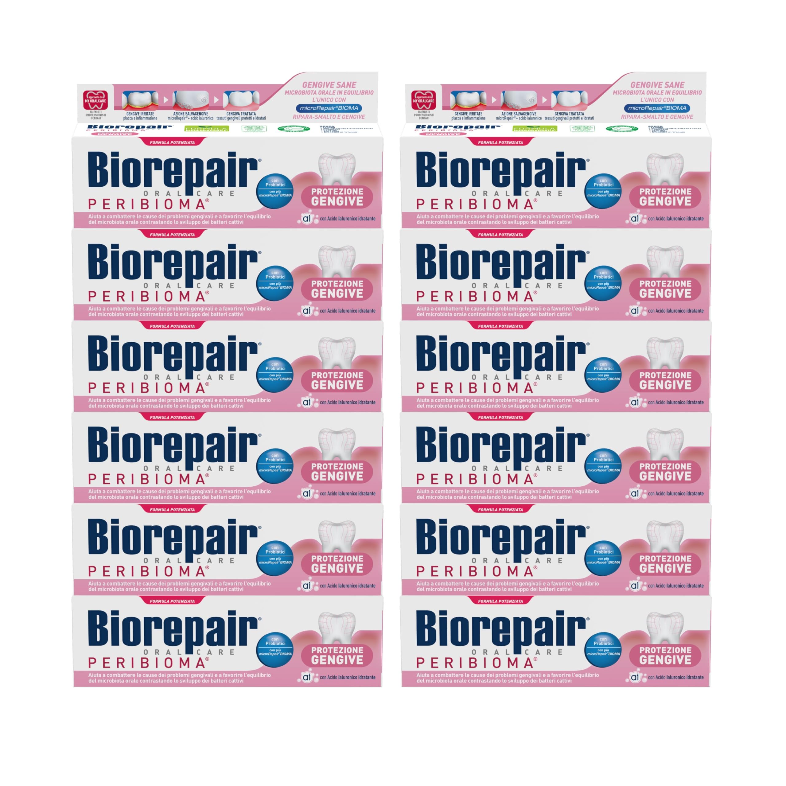 Biorepair, Dentifricio Protezione Gengive Peribioma, 12 Confezioni da 75 ml, Combatte e Previene Problemi Gengivali, con Probiotici, Acido Ialuronico Idratante, Senza Fluoro