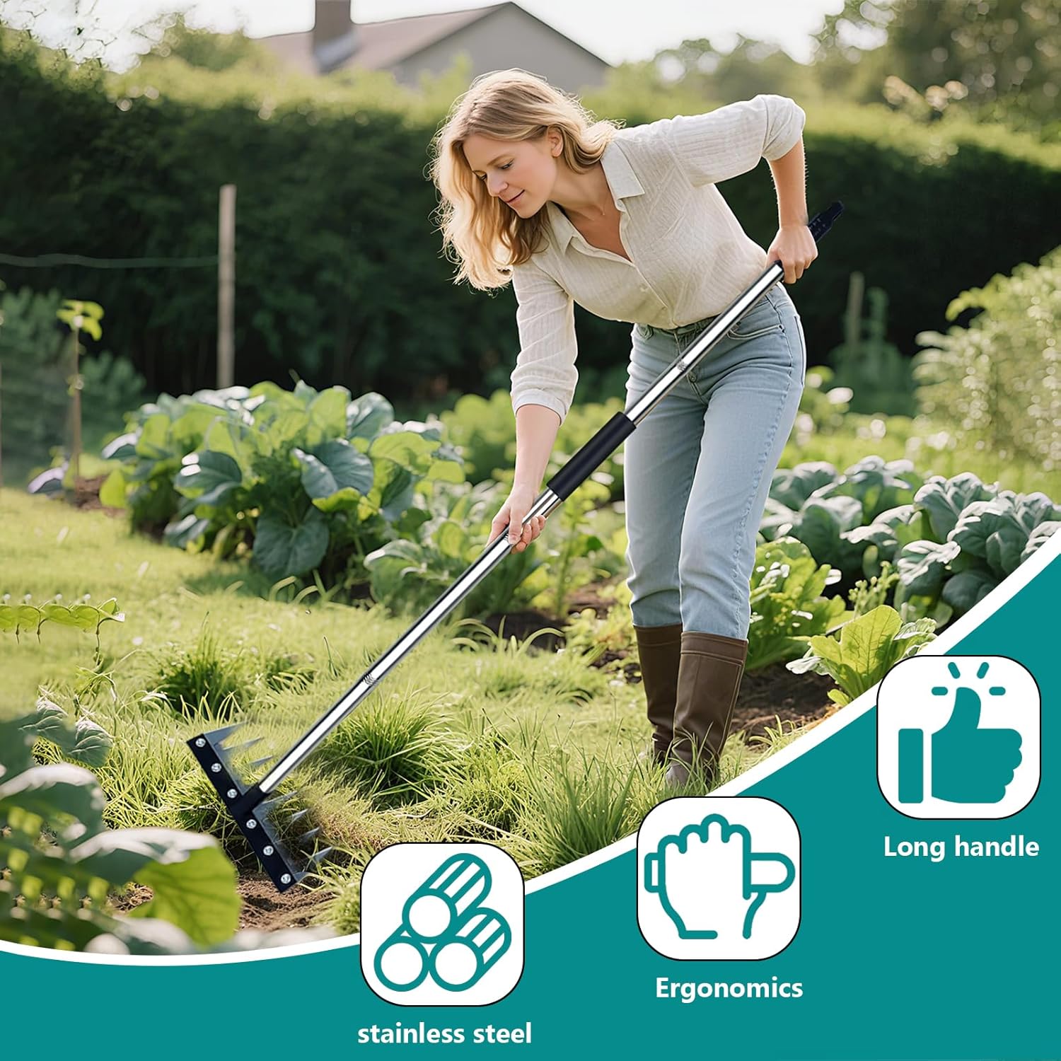 Upgraded 8 Tines Stainless Steel Weeding Tool, Thickened Version Manual Weeder Rake, Weeder Rakes with Adjustable Length Handle(31"-63") for Weeding Loosen The Soil and Collect Fallen