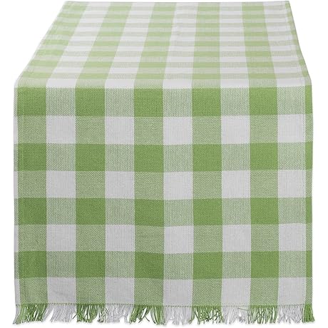 DII Heavyweight Fringed Check Table Runner in Bright Green