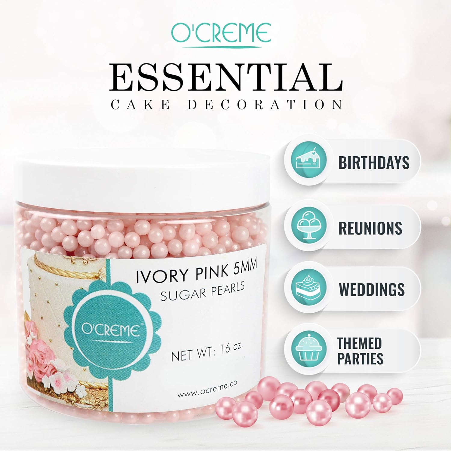 O'Creme Pink-Ivory Edible Sugar Pearls Cake Decorating Supplies for Bakers: Cookie, Cupcake & Icing Toppings, Beads Sprinkles For Baking, Certified, Candy Sugar Ball Accents (8mm, 16 Oz)