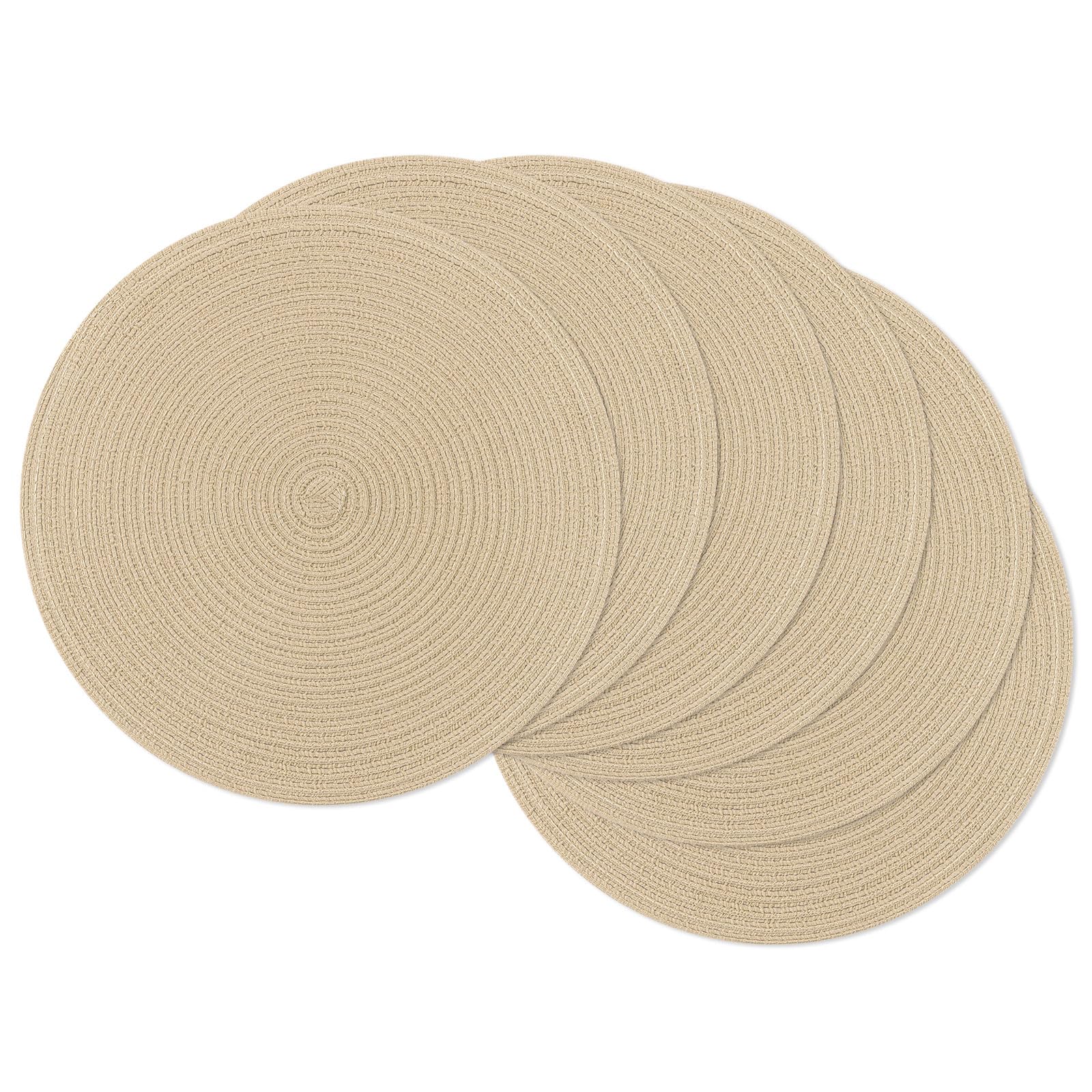 SHACOS 15 inch Round Braided Placemats Set of 6 Cotton Polyester Heat Resistant Table Mats Washable Place Mats for Dinner Party Table Decoration (Light Beige, 6)