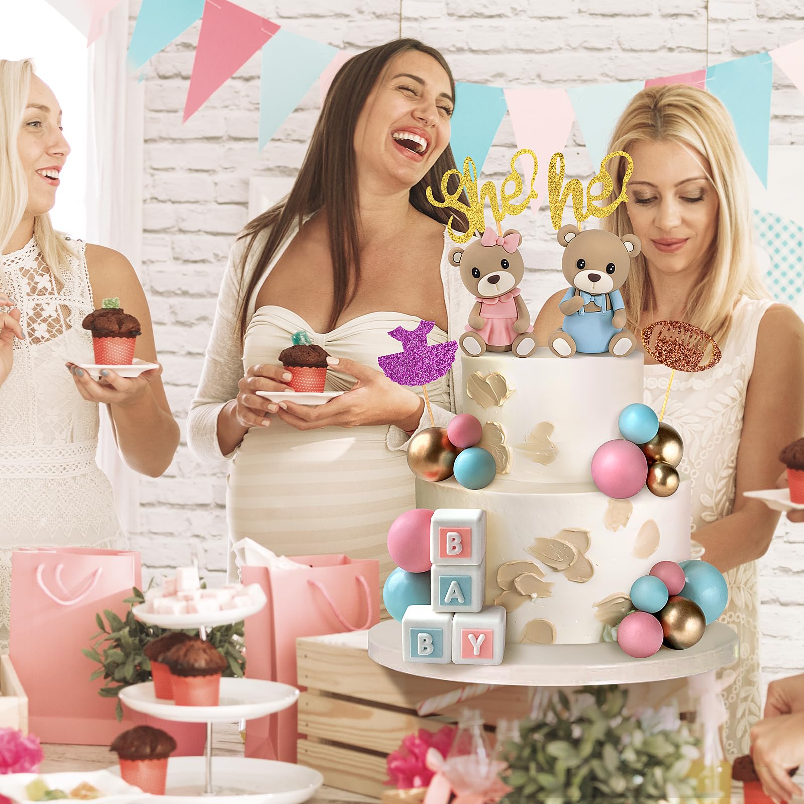 34 piezas de decoración para tartas de revelación de género, decoración de oso para tartas con decoración de pastel para niños y niñas, revelación de género, baby shower, suministros de fiesta de