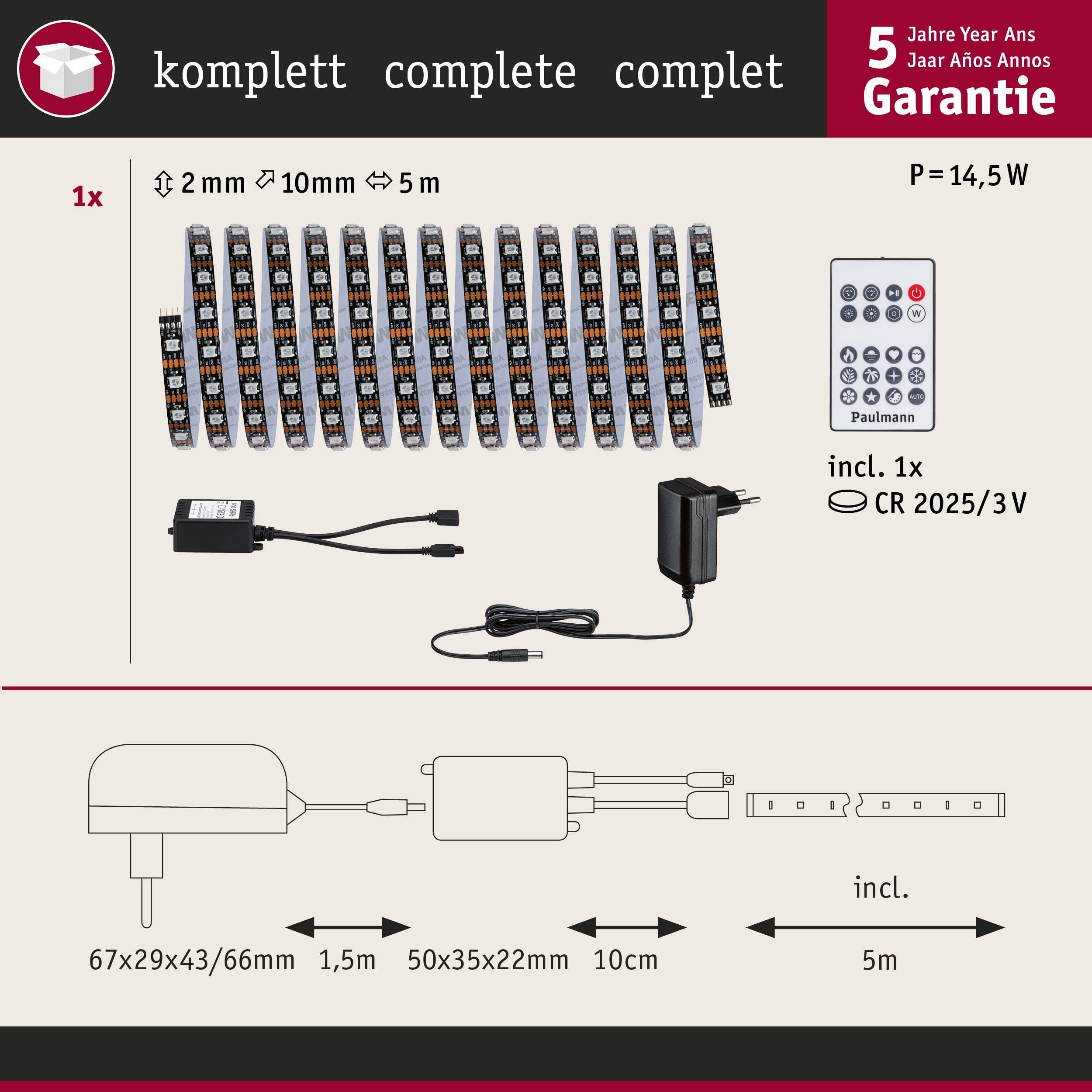 Paulmann 78888 Strip LED Dynamic Set 5m Dynamic Rainbow RGB IP20 12V CC incl. 1x10,5W, regulable, tira de luces, blanco, plástico