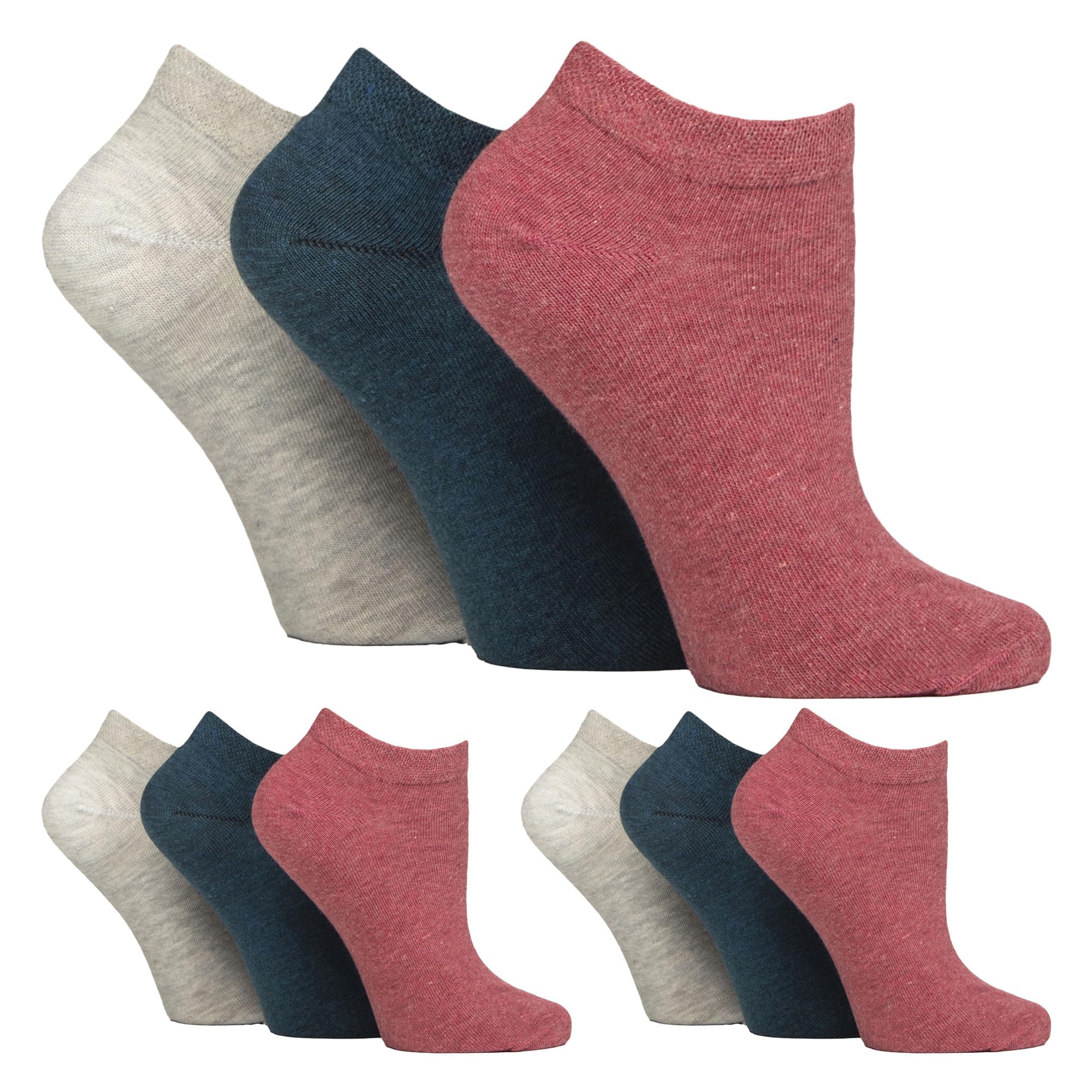 Iomi Women's Coral / Grey / Teal 9 Pair Multipack Diabetic Trainer Socks Loose Fitting Non Binding Ankle Socks (Uk, Numeric, 4, 8, Regular, Regular, Coral/Grey/Teal)