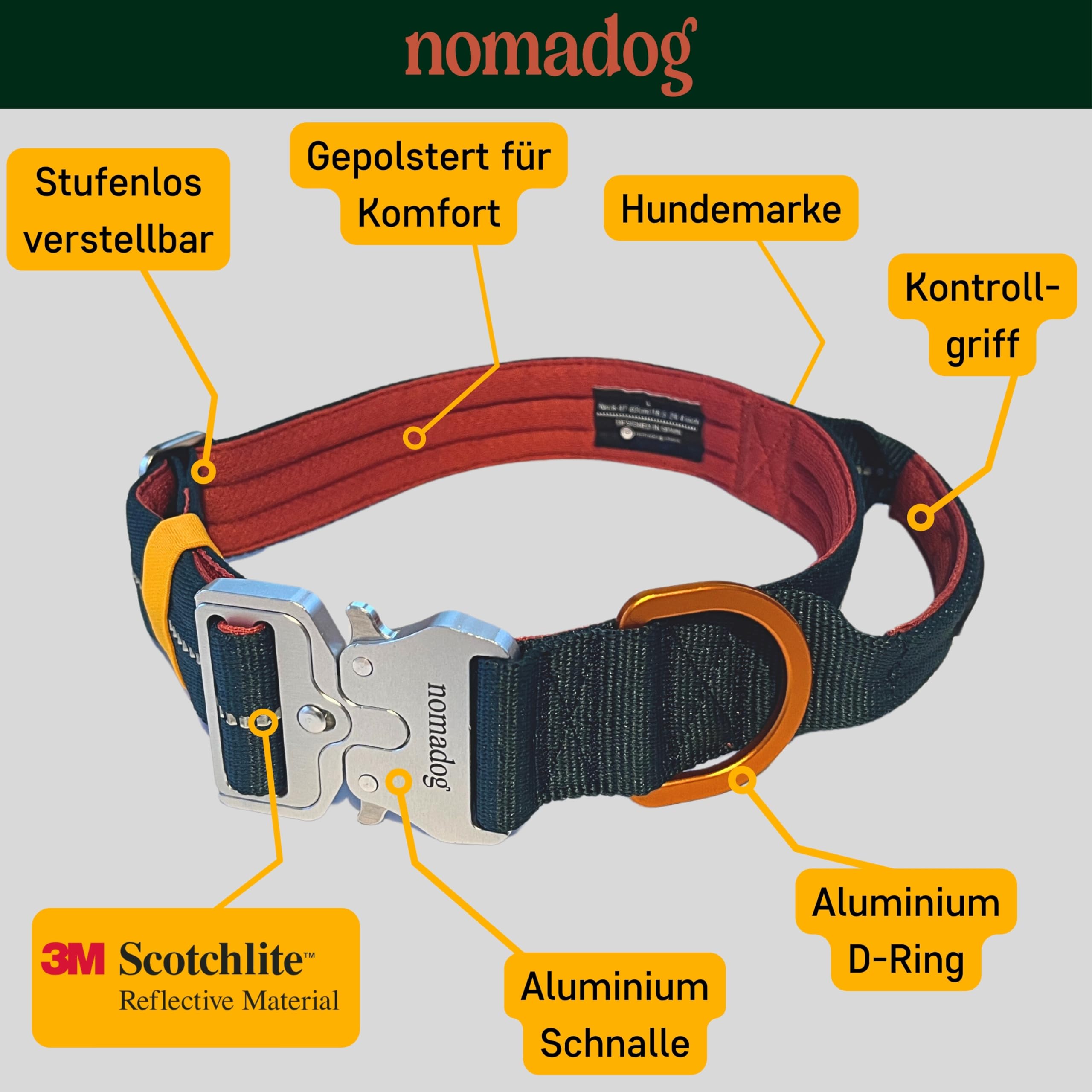 Nomadog Trailblazer Hundehalsband mit Griff für Große Hunde - Premium Aluminium Schnalle, Strapazierfähiges taktisches Halsband, Verstellbar, Gepolstert, Reflektierend (XL)