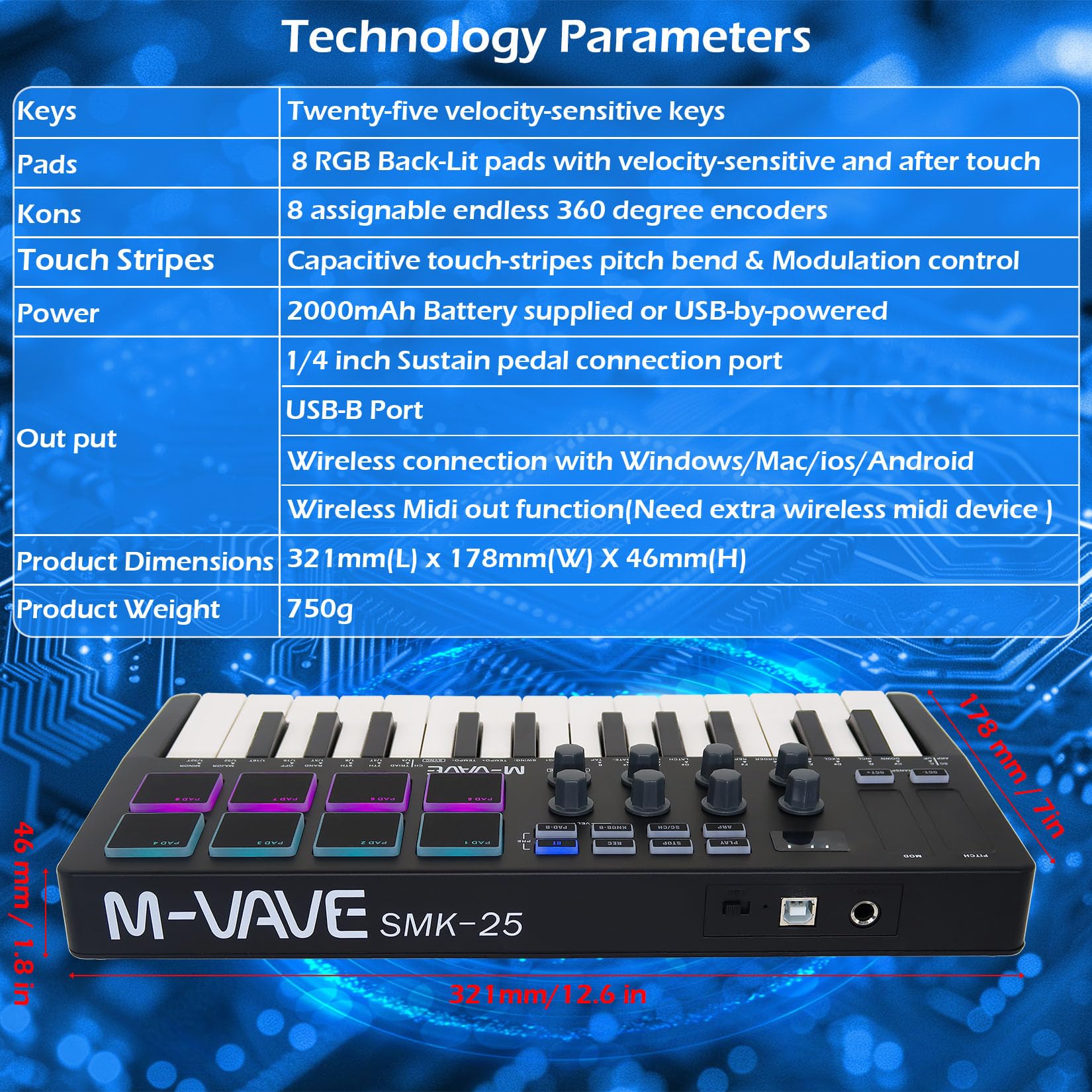 M-VAVE 25 tasti 8 retroilluminati Drum Pads Tastiera MIDI - Beat Maker professionale e Keytar per la produzione musicale Tastiera Batteria integrata Connessione wireless, Nero, MIDI 8 PADS