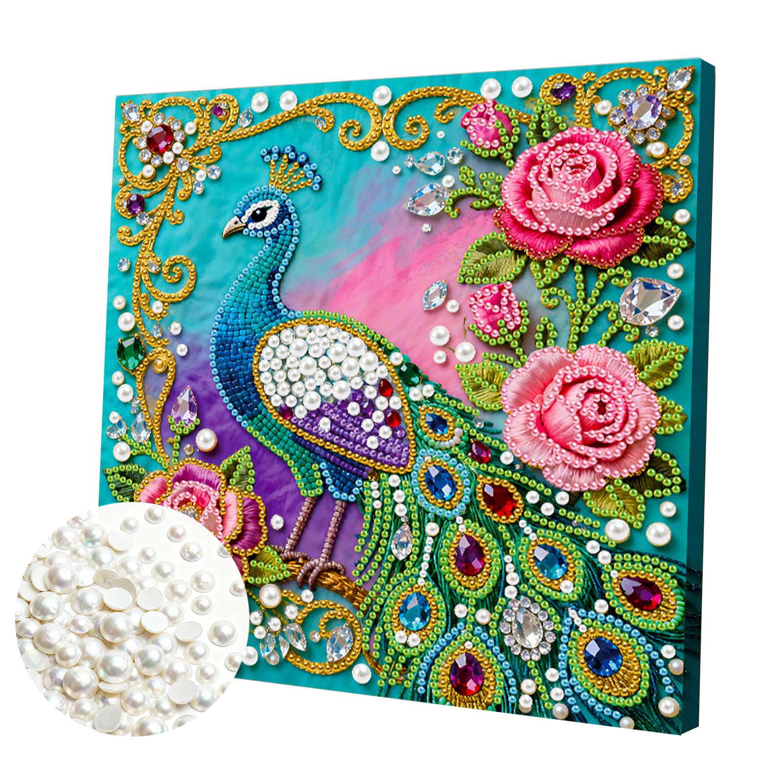 DIY Pearl Painting Kit with Wooden Frame, 3D Plastic Pearl Gemstone Ocean Art Craft for Adults Beginners, Diamond Dot Painting, Home Wall Decor Ready Gift for Women(Flower Peacock)(25 * 25cm)