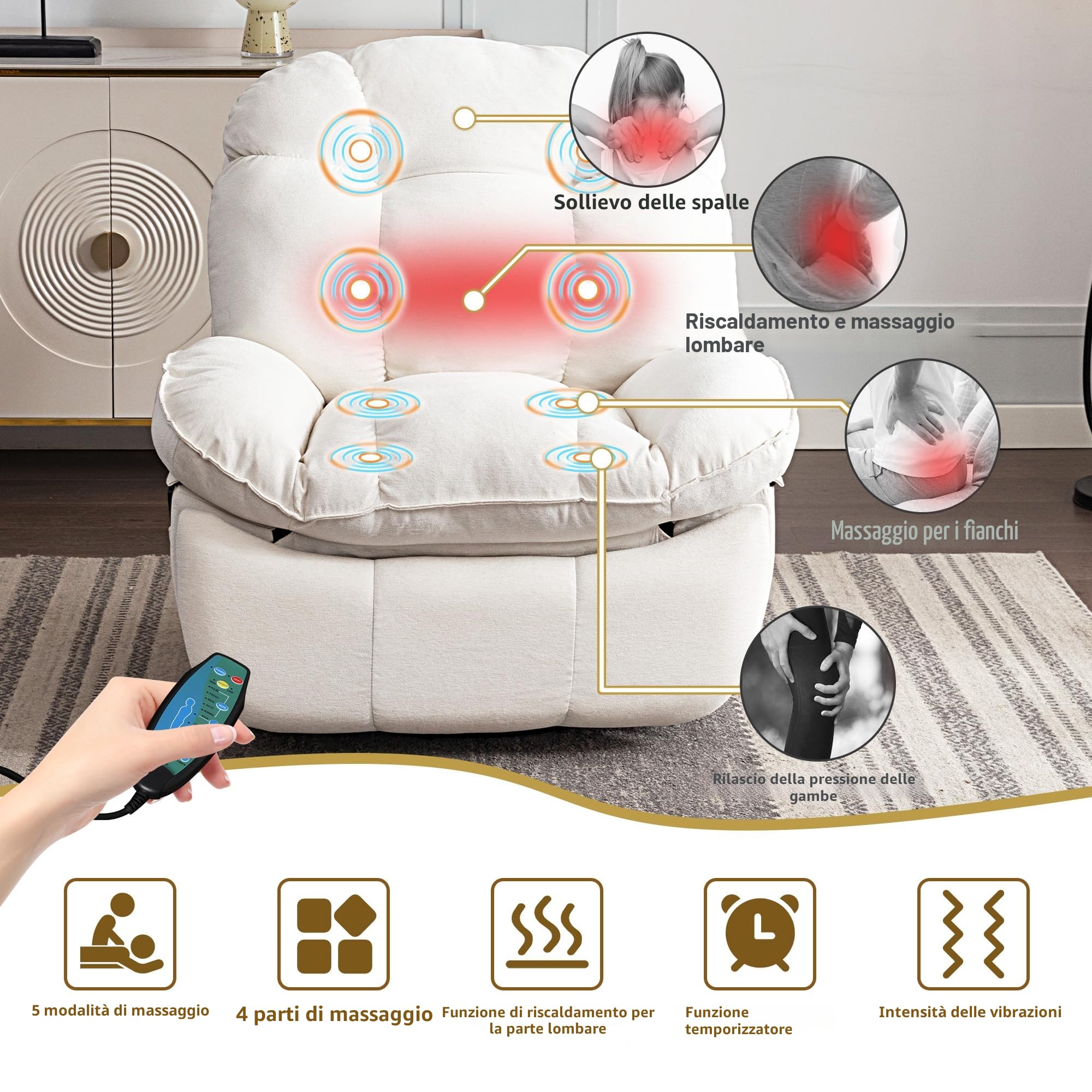 Poltrona Relax Elettriche, Poltrona Rilassante con Riscaldamento Massaggiante, con Porta di Ricarica USB-A e USB-C per Camera da Letto, Salotto, Sala Studio (Bianco)