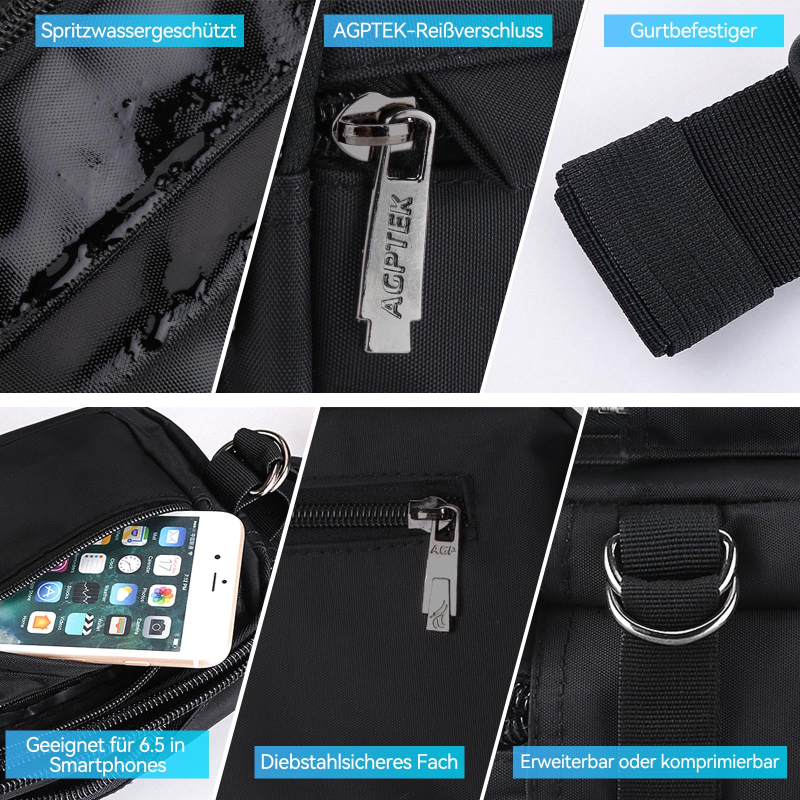 AGPTEK Bauchtasche für Herren und Damen, wasserdichte Gürteltasche mit 5 Einzelfächern, Hüfttaschen für Hundespaziergänge, Reise, Wanderung und Outdoor-Aktivität