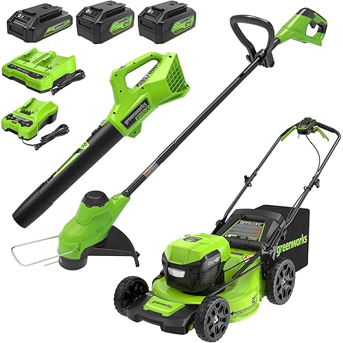 Greenworks 48V (2x24V) High - Performance Cordless Yard Tool Combo: 21" Self - Propelled Lawn Mower, 12" Trimmer & Blower, with 3 Batteries & 2 Chargers