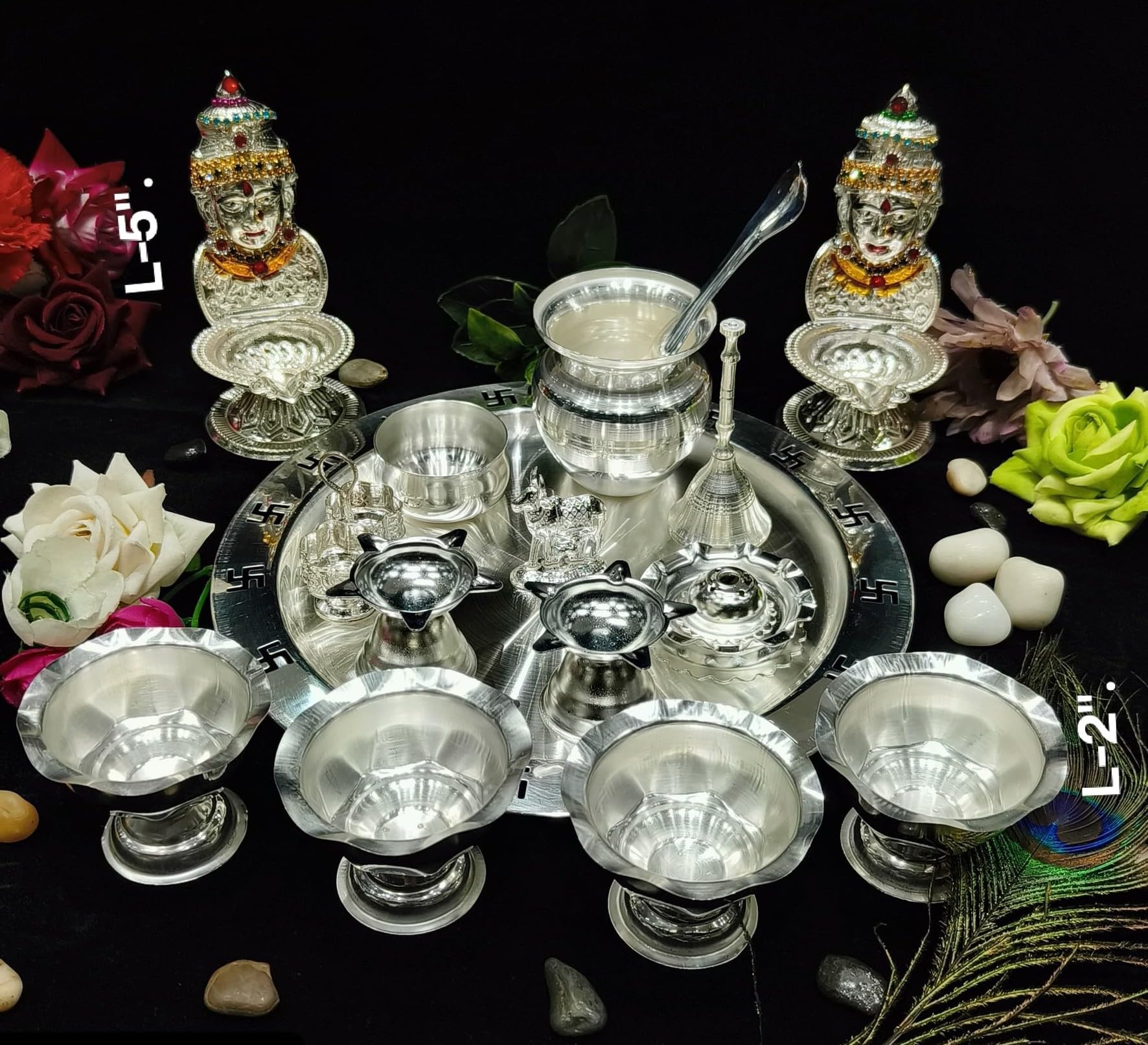 indiancraftbykanika Silver Plated 16 Pieces Pooja thali Set for Housewarming Pooja/Diwali