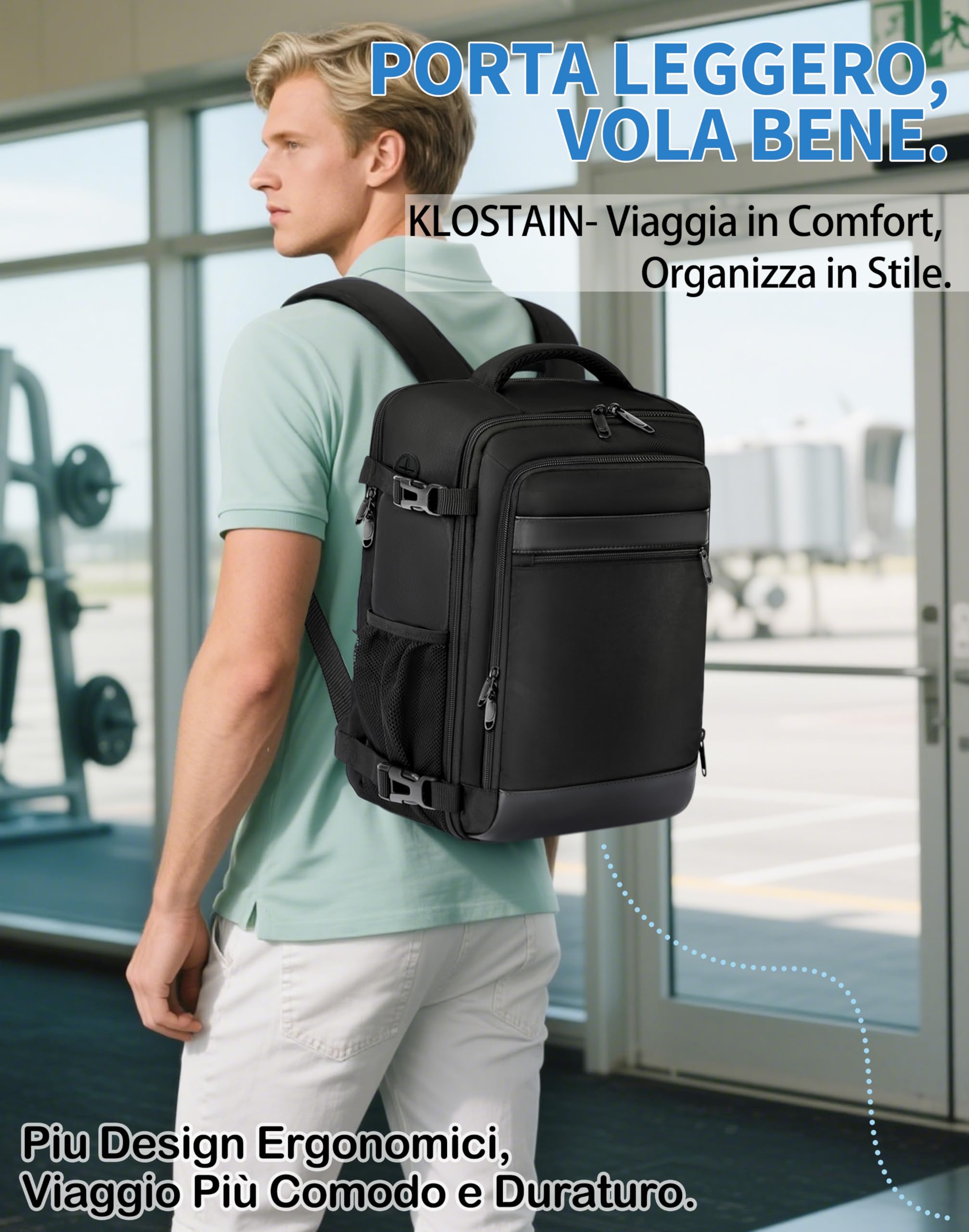 KLOSTAIN Zaino Ryanair 40x20x25 da Viaggio Aereo Bagaglio a Mano 20L Borsa da Cabina per Uomo e Donna, Lavoro, Trekking, Scuola, 14 Pollici Porta PC Dayback Nero