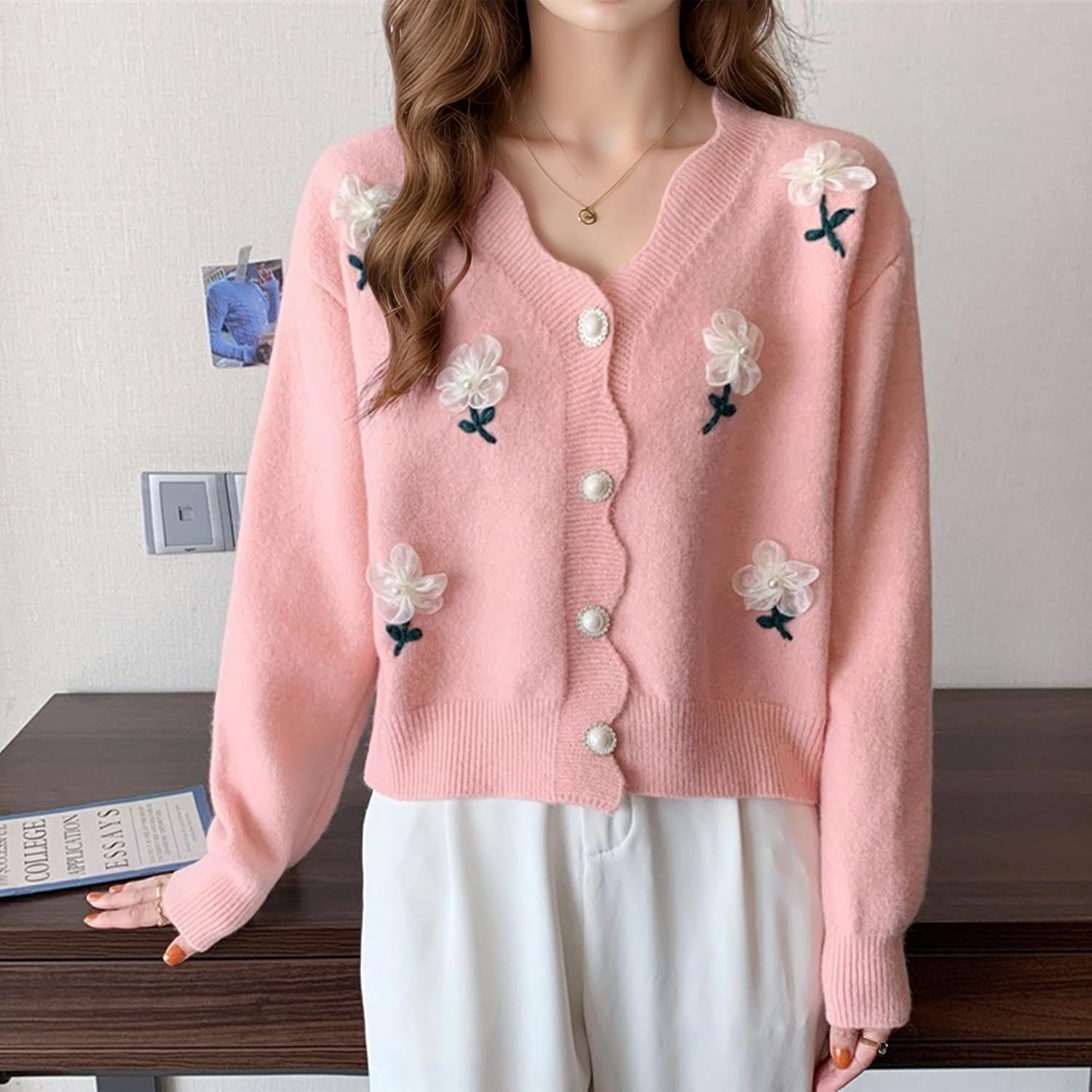 FindThy Women’s 3D Flower Embroidered Cardigan Long Sleeve V Neck Kawaii Cardigan Sweaters - Image 2