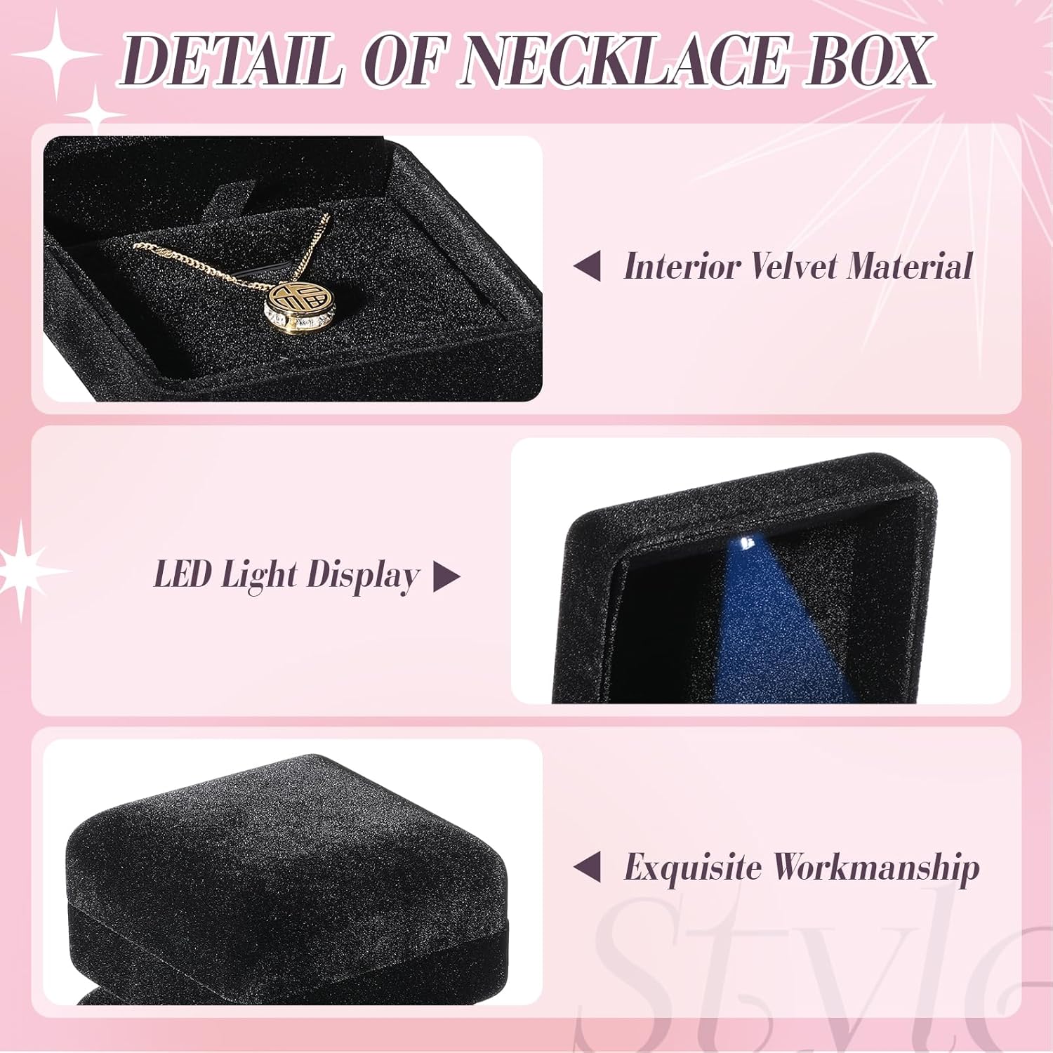 Yinkin 12 Pcs Black Velvet Jewelry Boxes LED Light Display Ring Necklace Bracelet Chain Gift Box Bulk Wedding Proposal Anniversary(Small Pendant Box,Square) - Image 3