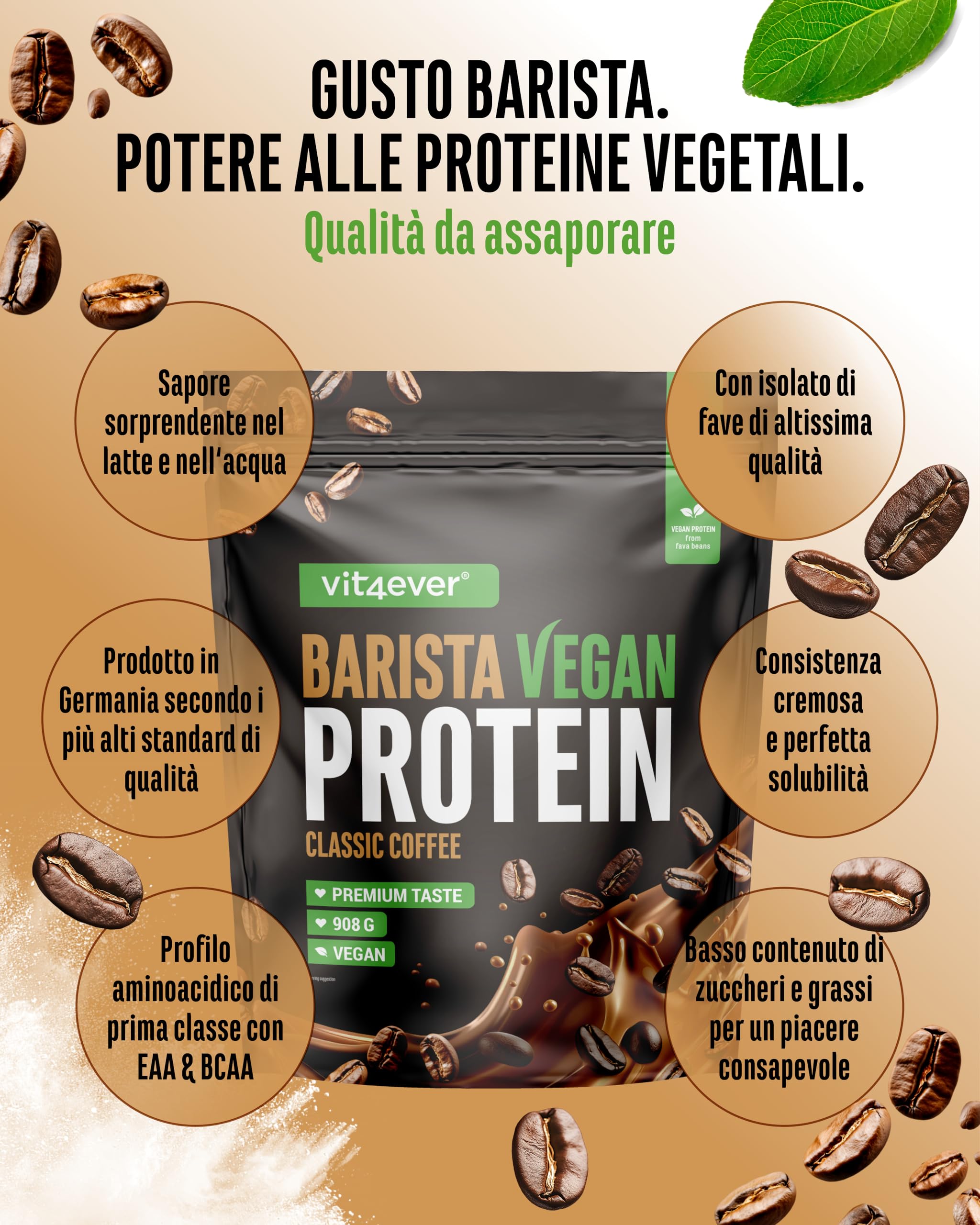 Barista Protein Coffee - Cremoso caffè proteico a base vegetale con fino a 24 g di proteine per porzione - con vero caffè, caffeina, pochi zuccheri e grassi, senza soia - (908 g, Classic vegan)