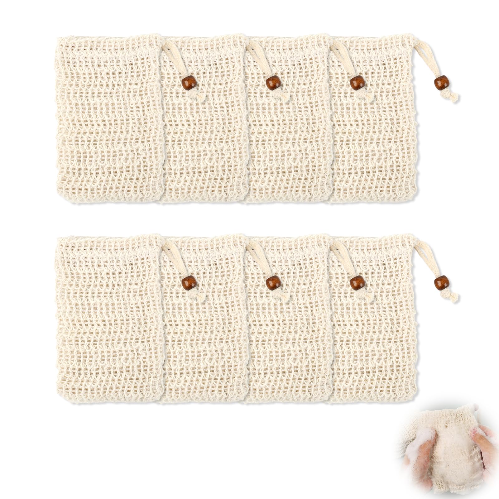 Lot de 8 sachets à savon pour savon solide, en sisal naturel, bio – Avec cordon de serrage pour suspendre, mousse solide et effet exfoliant, idéal pour la douche et les voyages