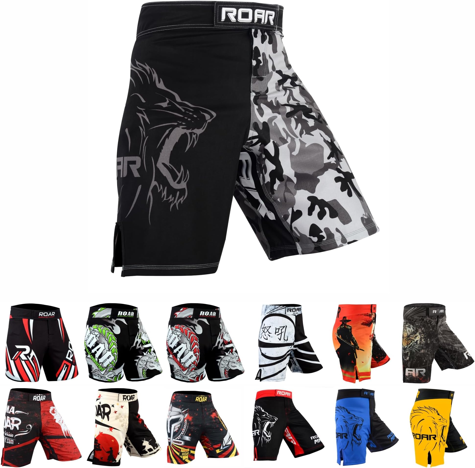 ROAR MMAFight Shorts Grappling Muay Thai BJJ Training Jiu Jitsu No Gi Wear (Large, Grey Camo)