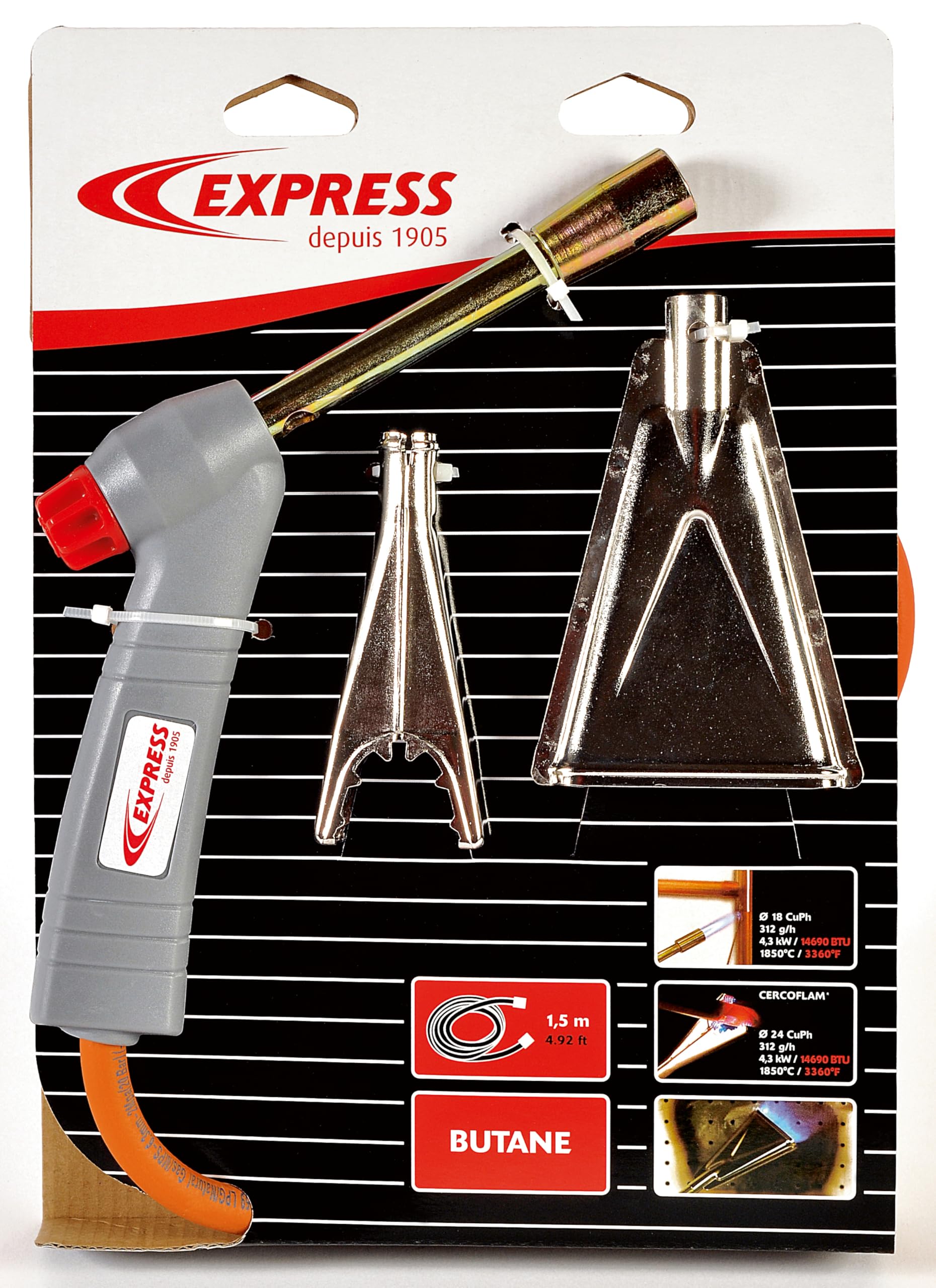 Express, 5200, Chalumeau à Gaz Butane de Plombier Standard + Accessoires - Débit Gaz 312 (g/h) - Puissance 4,3 kW - avec Accessoires Cercoflam et Lance Brûle Peinture à Flamme Plate
