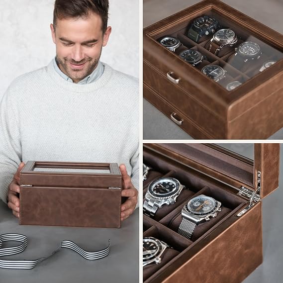 TAWBURY Men's Watch Box for 8 Watches – Watch Box with 8 Compartments and Drawer Brown Watch Box Watch Storage