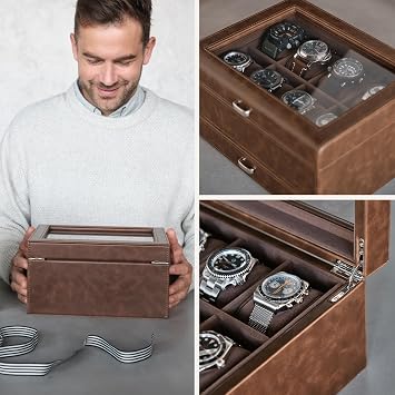 TAWBURY Men's Watch Box for 8 Watches – Watch Box with 8 Compartments and Drawer Brown Watch Box Watch Storage