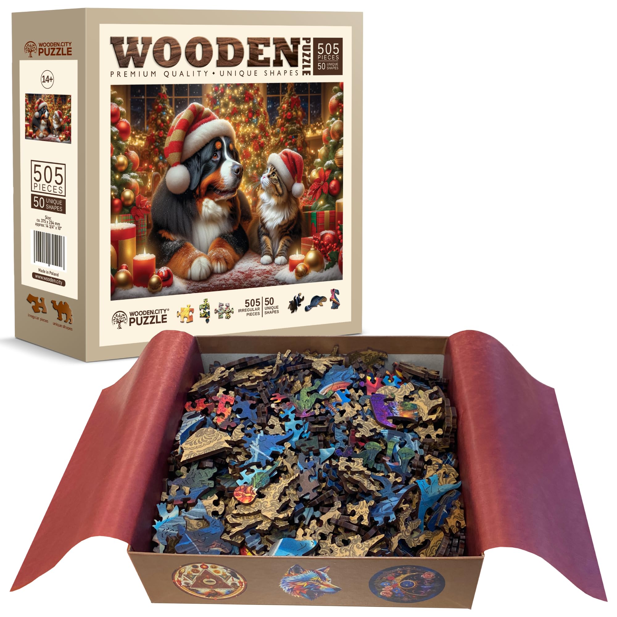 WOODEN.CITY Rompecabezas de Madera de 500 Piezas – Escena Navideña “Perro y Gato Navideños”, 50 Figuras Únicas, Corte Láser de Alta Precisión, Decoración de Temporada