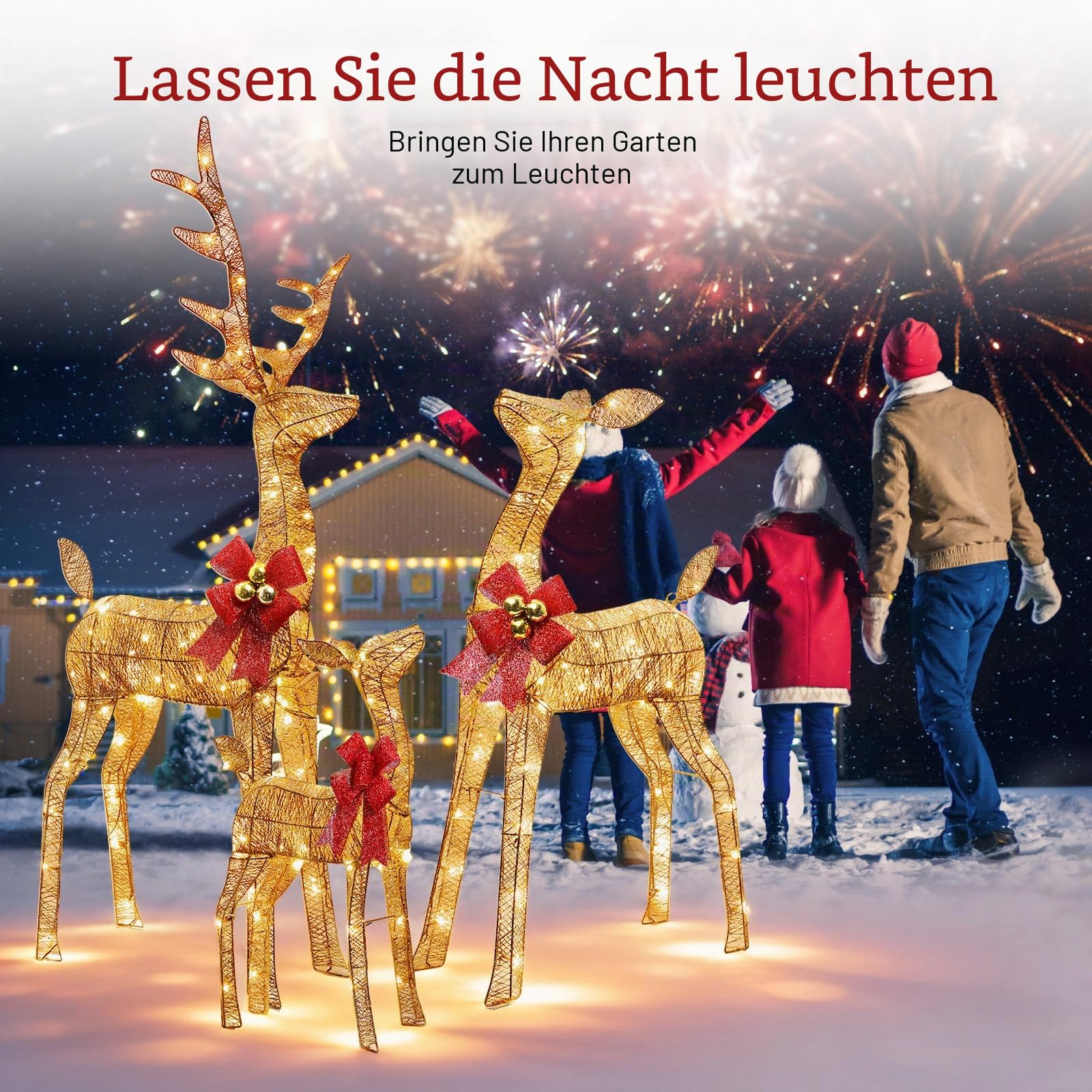 3 Stück Rentier Beleuchtet Aussen,Große Weihnachtsdekoration für den Draußen,mit 360° LED-Licht, Erdspießen, Wasserdicht, Goldfarben, für Hof, Terrasse, Restaurant Weihnachtsdeko